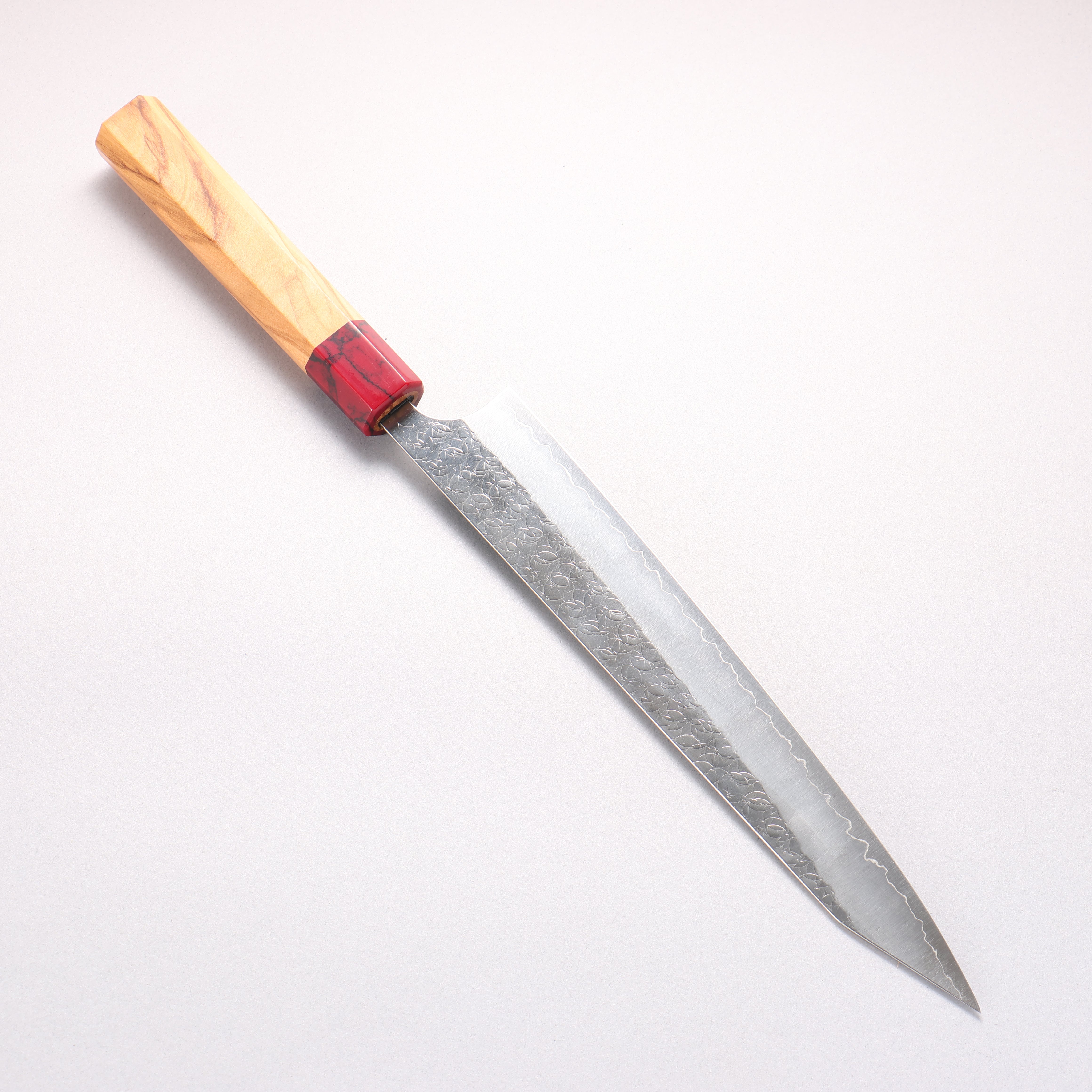 Yoshimi Kato Minamo SG2 Hammered Kiritsuke Sujihiki 270mm Olive Tree (ferrule: Red Turquoise) Handle