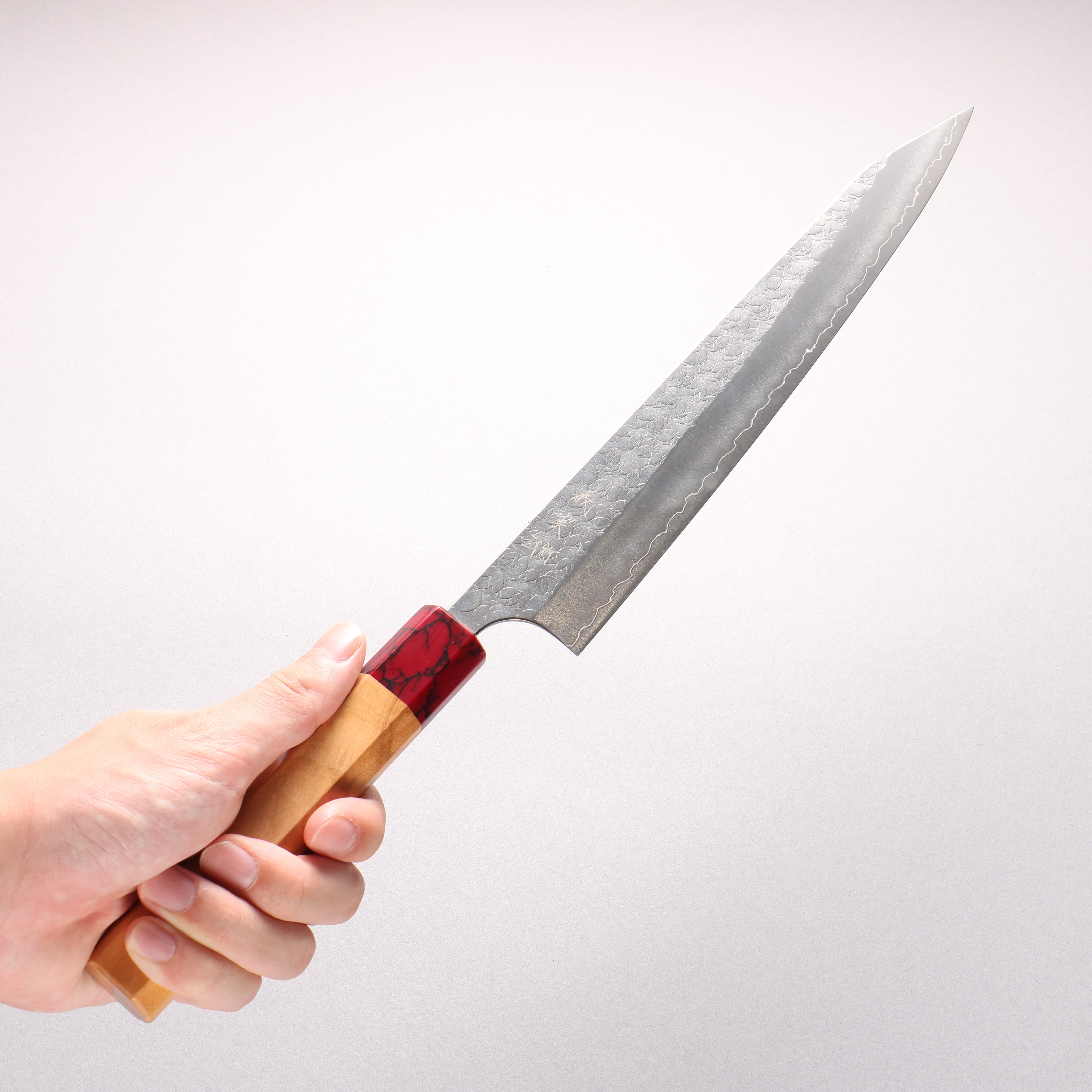 Yoshimi Kato Minamo SG2 Hammered Kiritsuke Sujihiki 270mm Olive Tree (ferrule: Red Turquoise) Handle