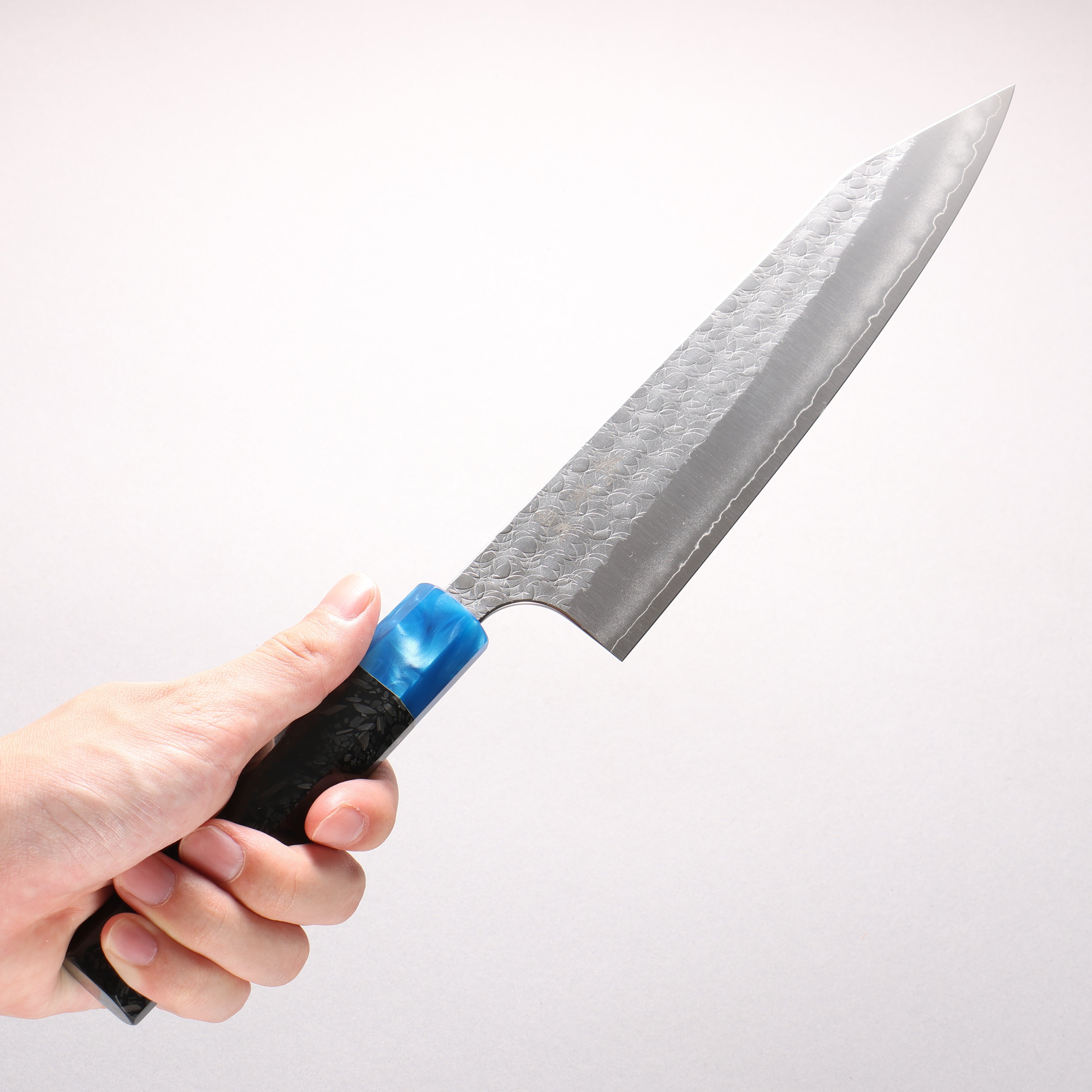 Yoshimi Kato Minamo SG2 Hammered Kiritsuke Gyuto 210mm Carbon Fiber (ferrule: Blue Marble Resin) Handle