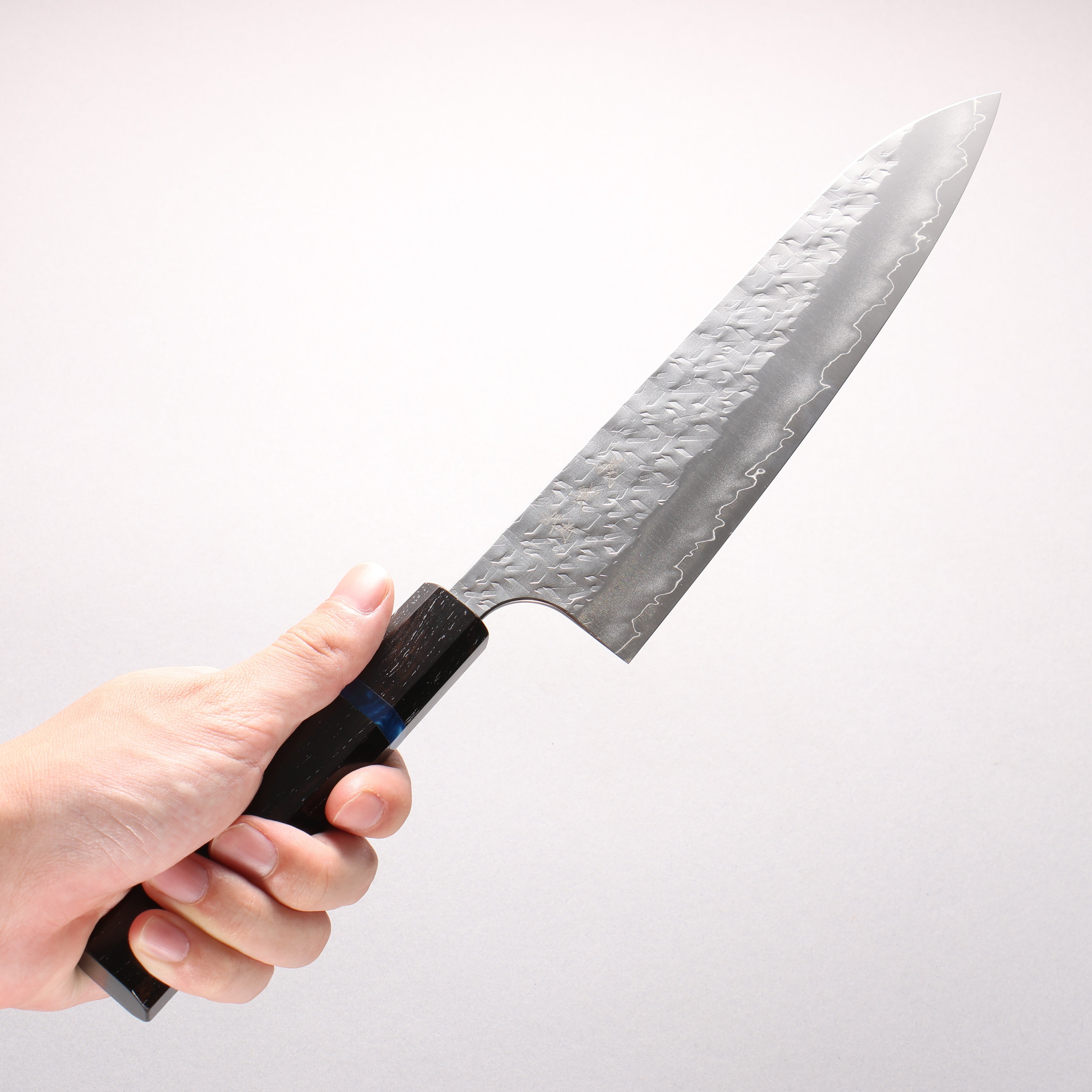 Yoshimi Kato Hyo SG2 Hammered Gyuto 210mm Ebony (Blue Ring) Handle