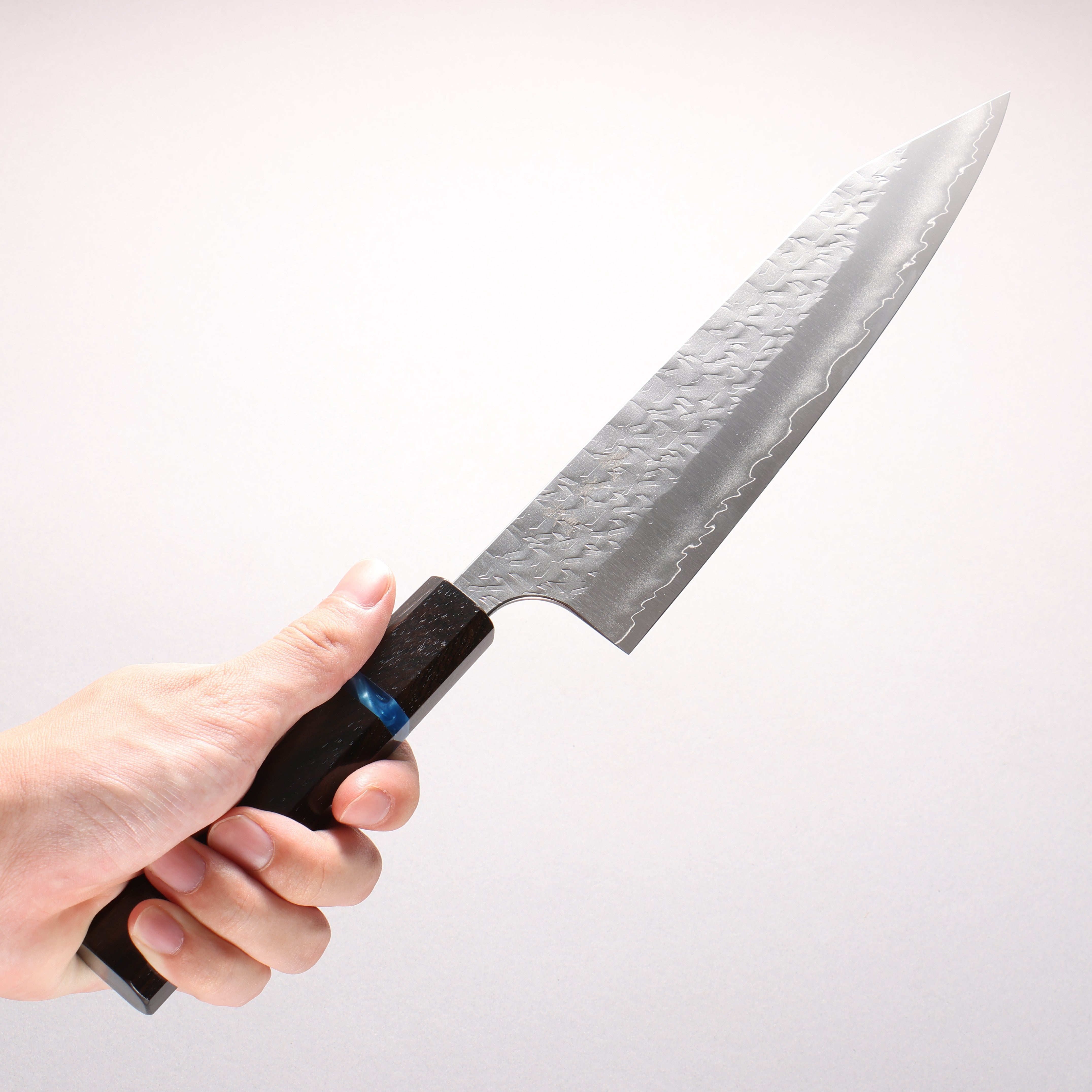 Yoshimi Kato Hyo SG2 Hammered Kiritsuke Gyuto 210mm Ebony (Blue Ring) Handle