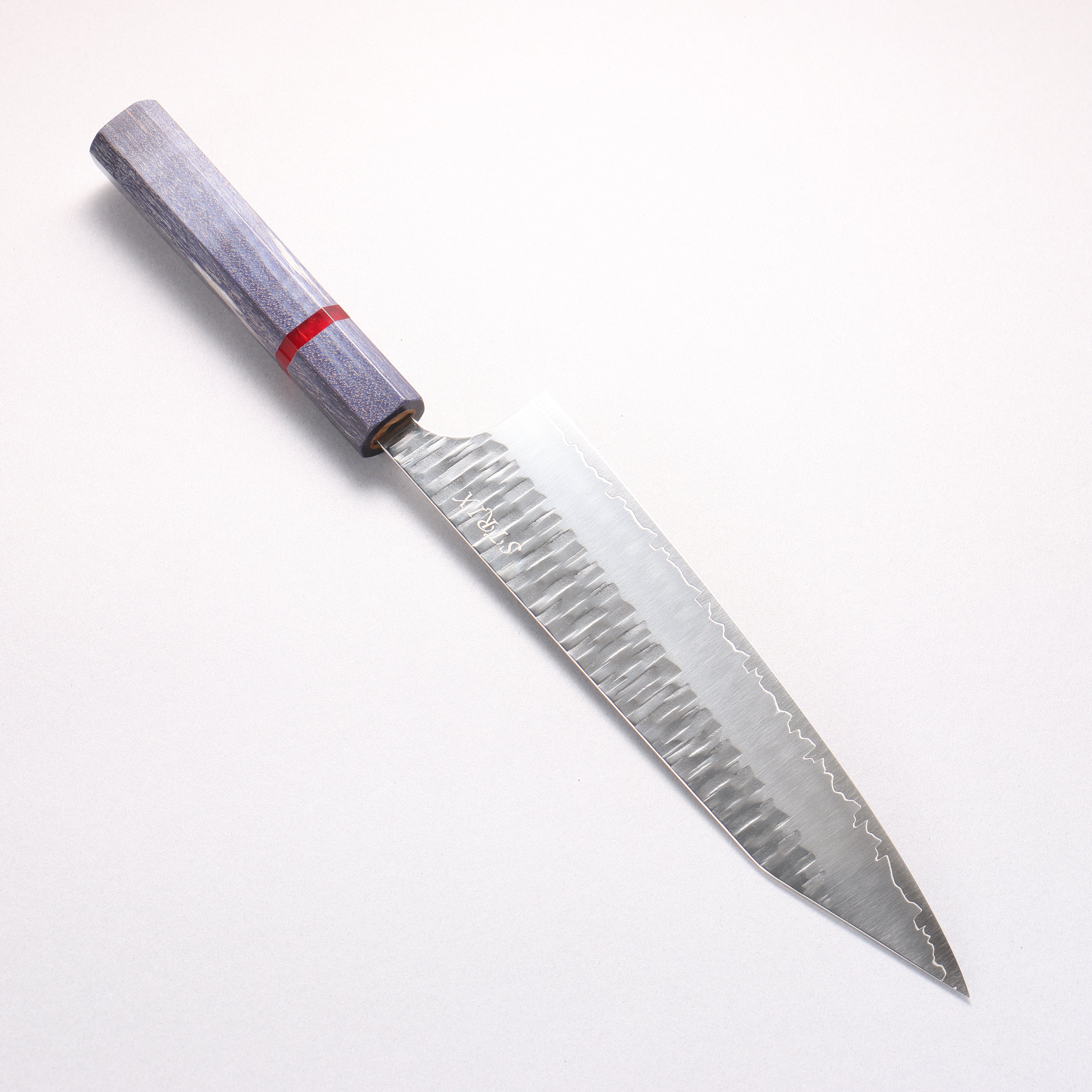 Yoshimi Kato Kasuri SPG STRIX Hammered Kiritsuke Gyuto 210mm Blue Stabilized Wood (With Red Ring) Handle