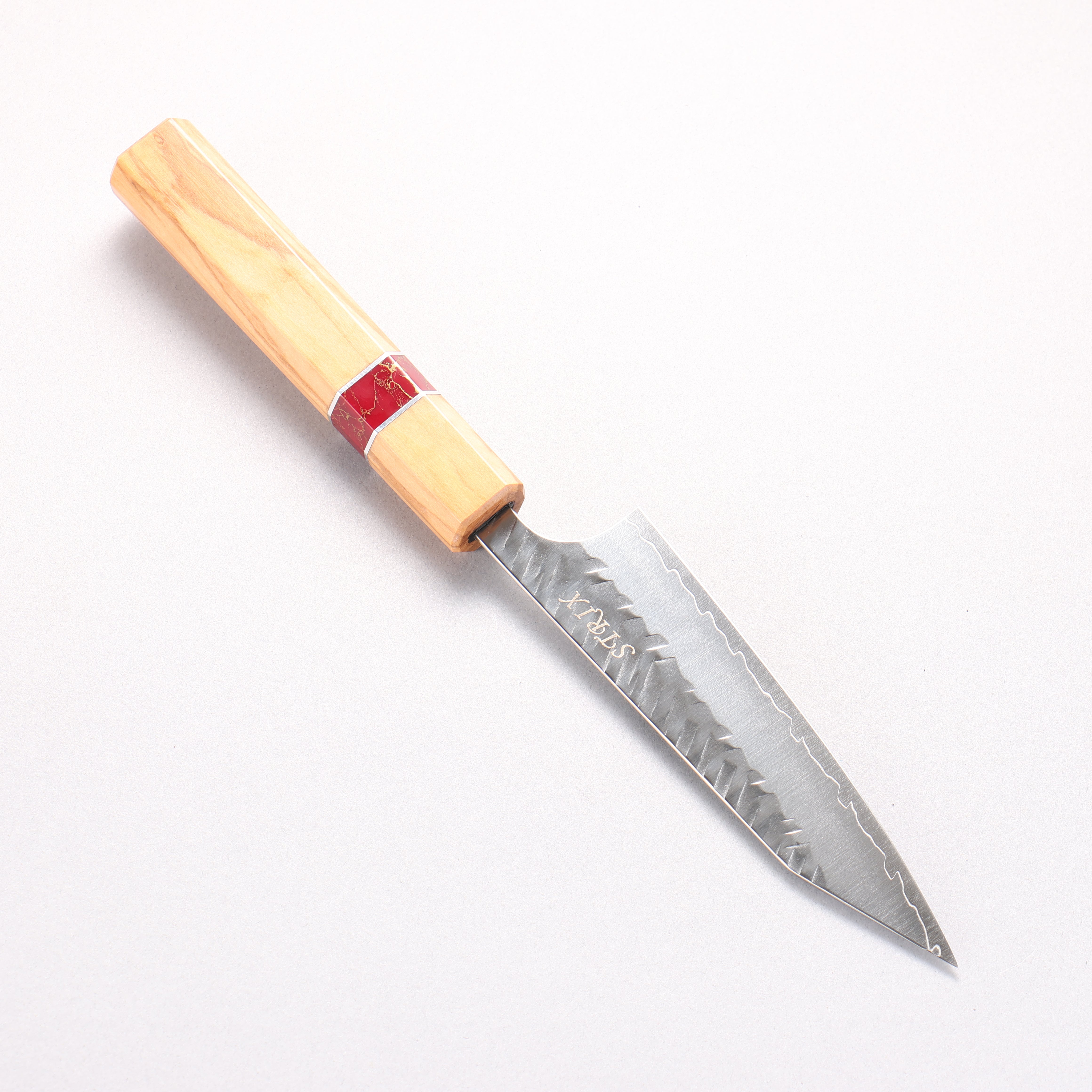 Yoshimi Kato SPG STRIX Hammered (V) Kiritsuke Petty-Utility 120mm Olive (Red Turquoise Ring) Handle