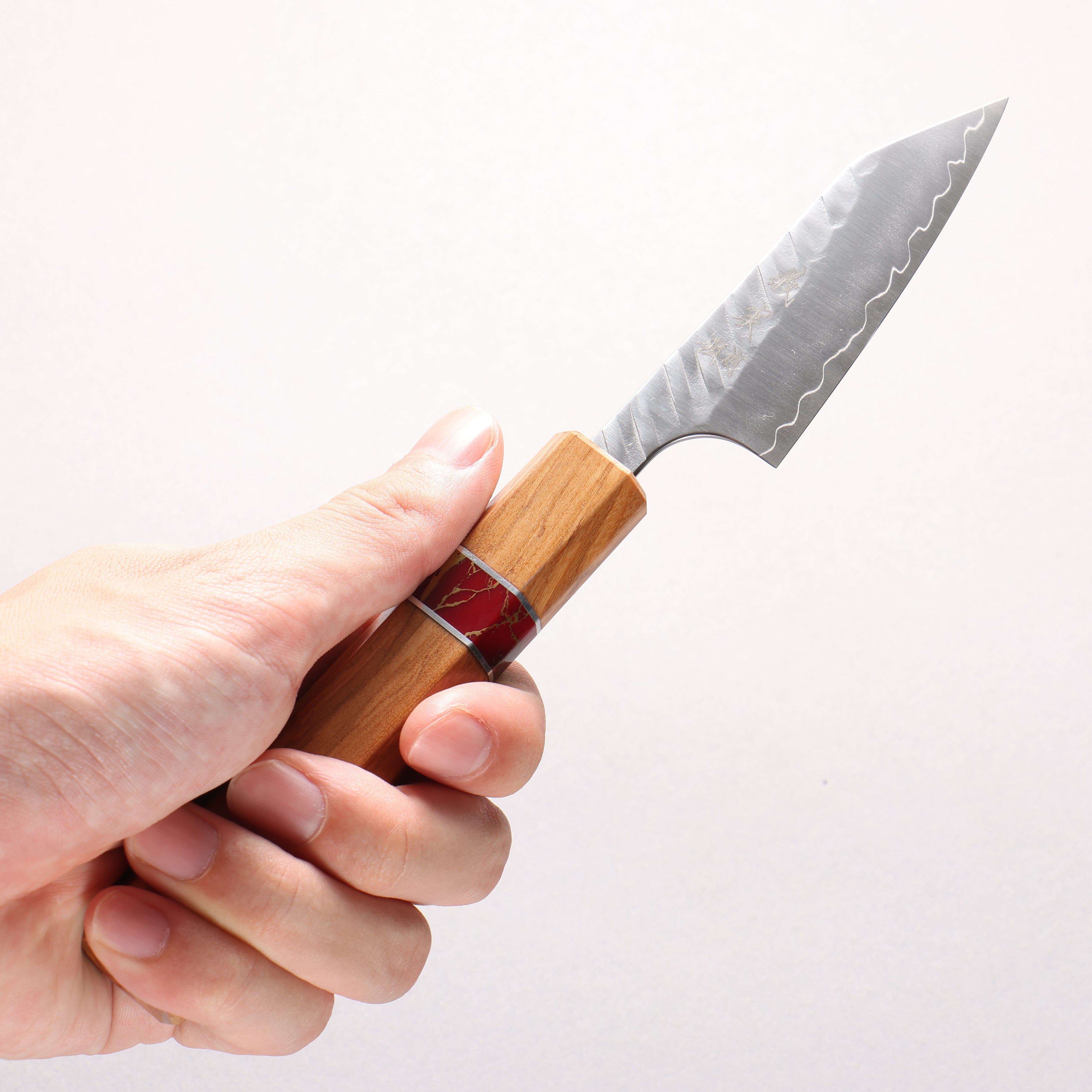 Yoshimi Kato SPG STRIX Hammered (V) Kiritsuke Paring 80mm Olive (Red Turquoise Ring) Handle
