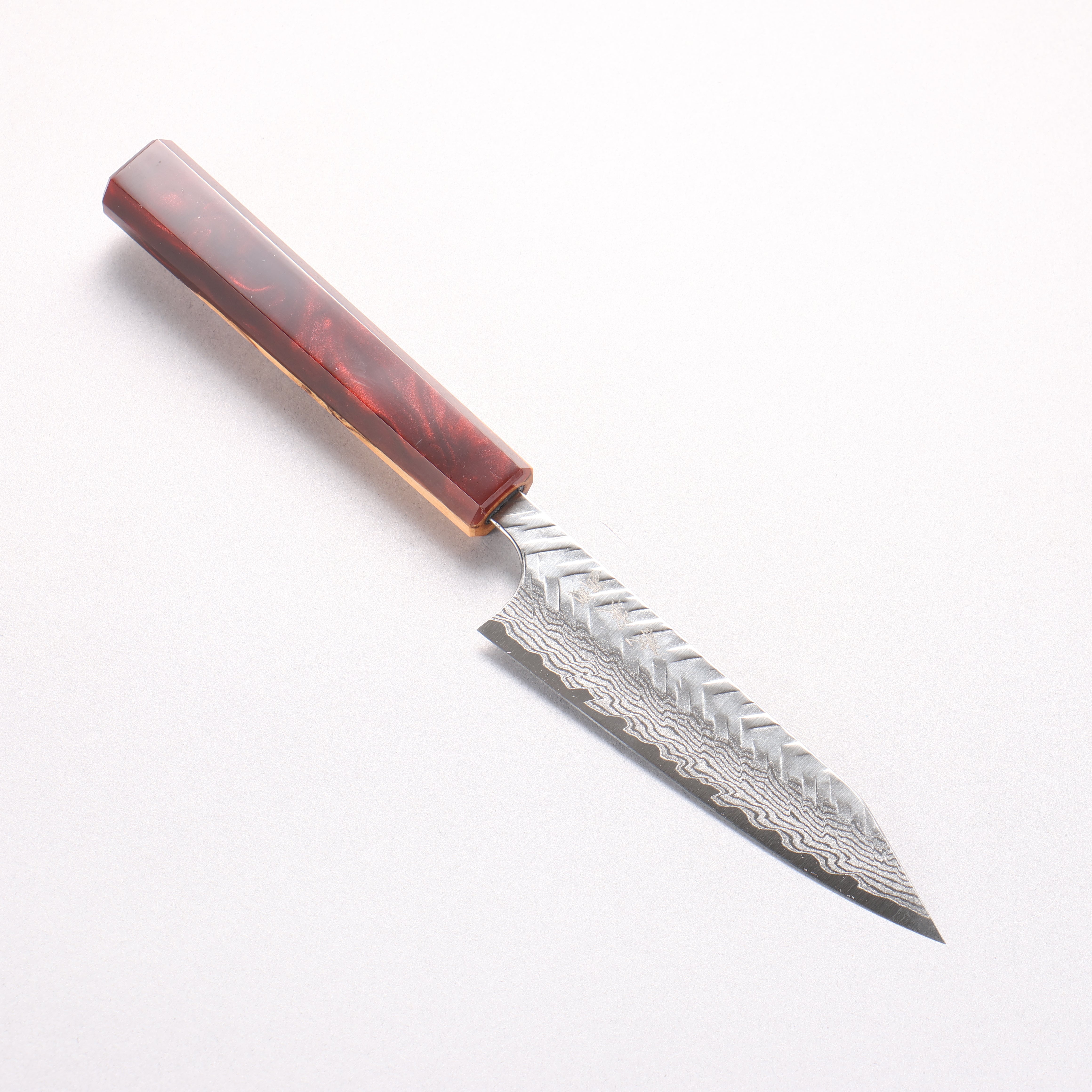 Yoshimi Kato VG-XEOS Damascus Hammered (V) Kiritsuke Petty-Utility 120mm Olive Tree and Red Resin Handle