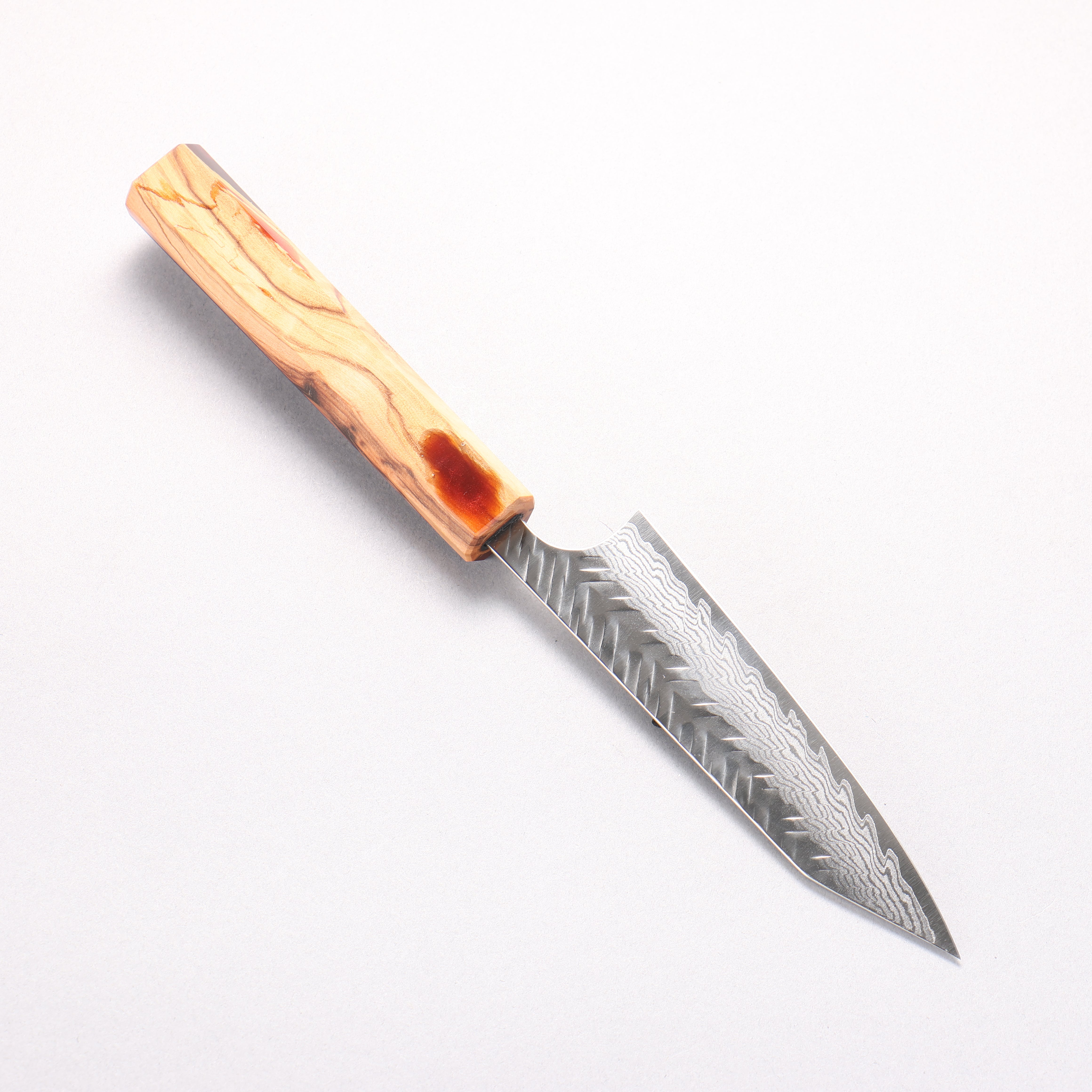 Yoshimi Kato VG-XEOS Damascus Hammered (V) Kiritsuke Petty-Utility 120mm Olive Tree and Red Resin Handle