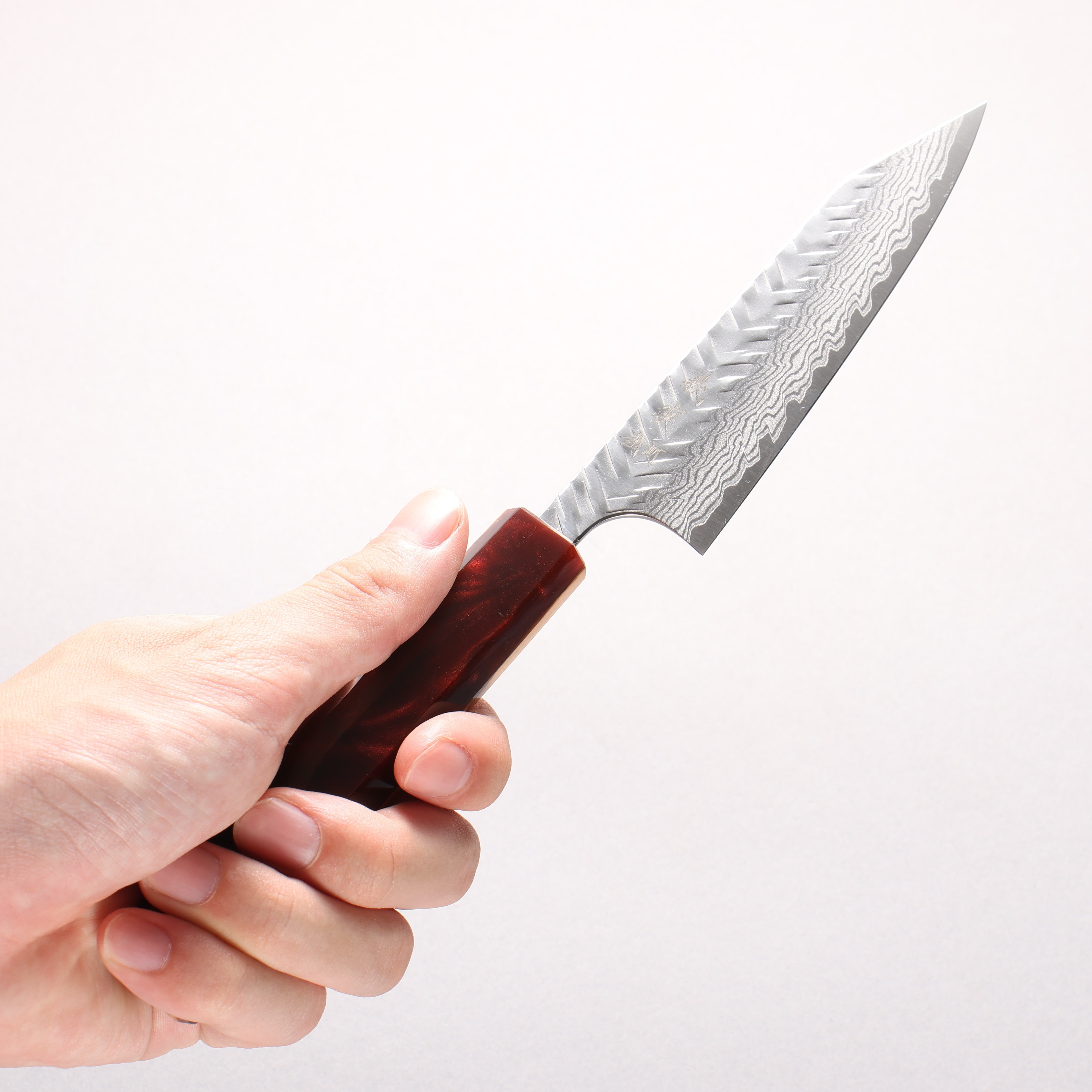 Yoshimi Kato VG-XEOS Damascus Hammered (V) Kiritsuke Petty-Utility 120mm Olive Tree and Red Resin Handle