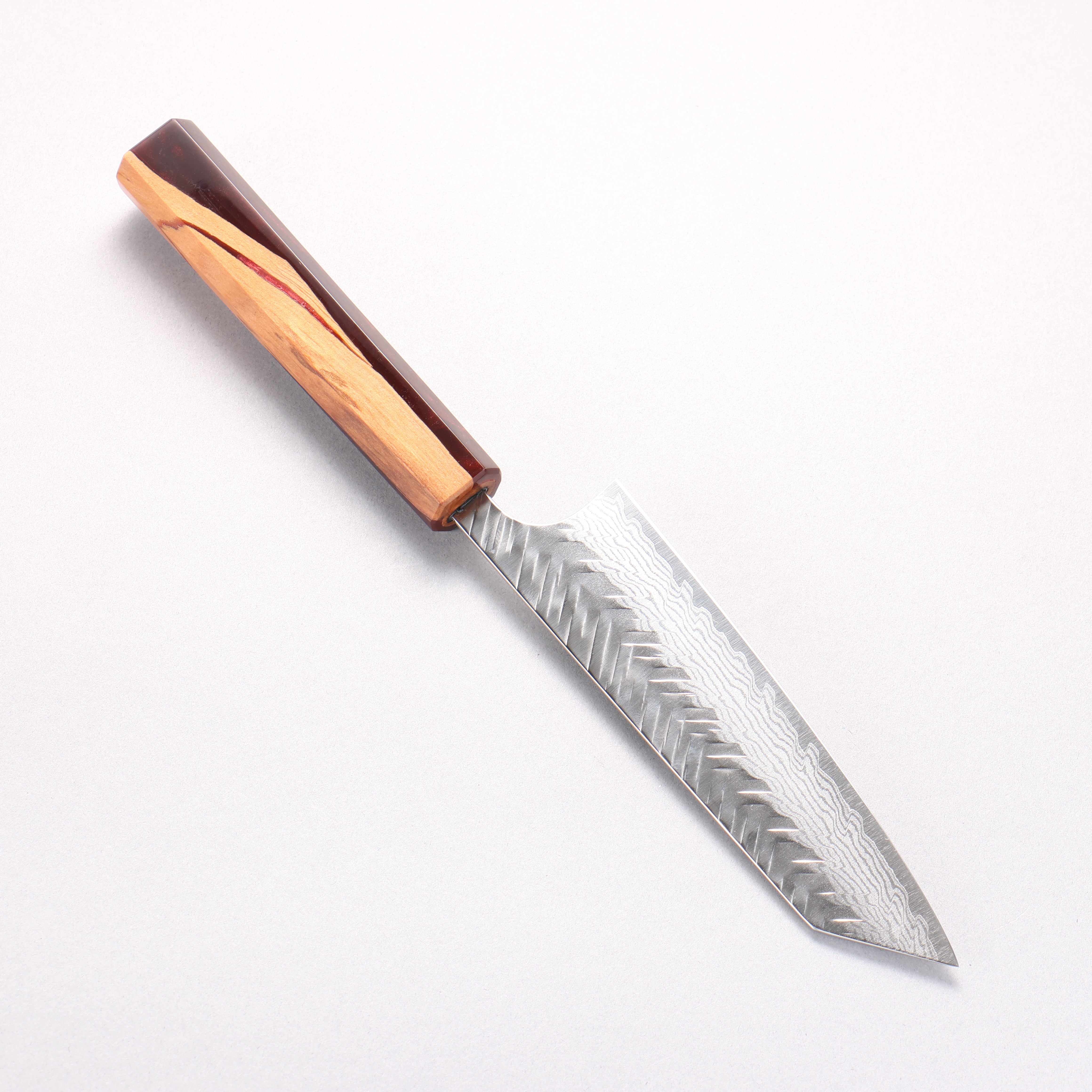 Yoshimi Kato VG-XEOS Damascus Hammered (V) Small Bunka 130mm Olive Tree and Red Resin Handle