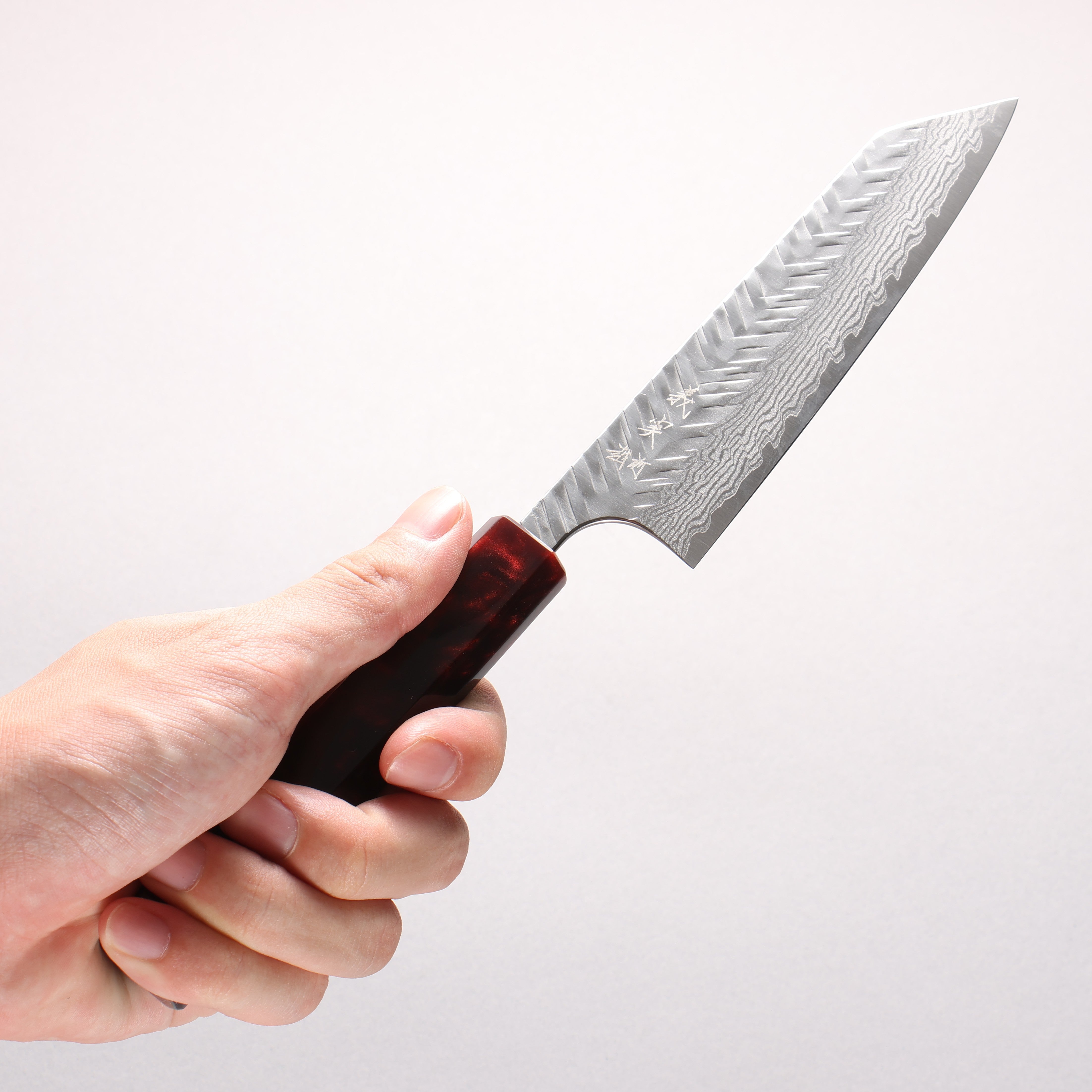 Yoshimi Kato VG-XEOS Damascus Hammered (V) Small Bunka 130mm Olive Tree and Red Resin Handle