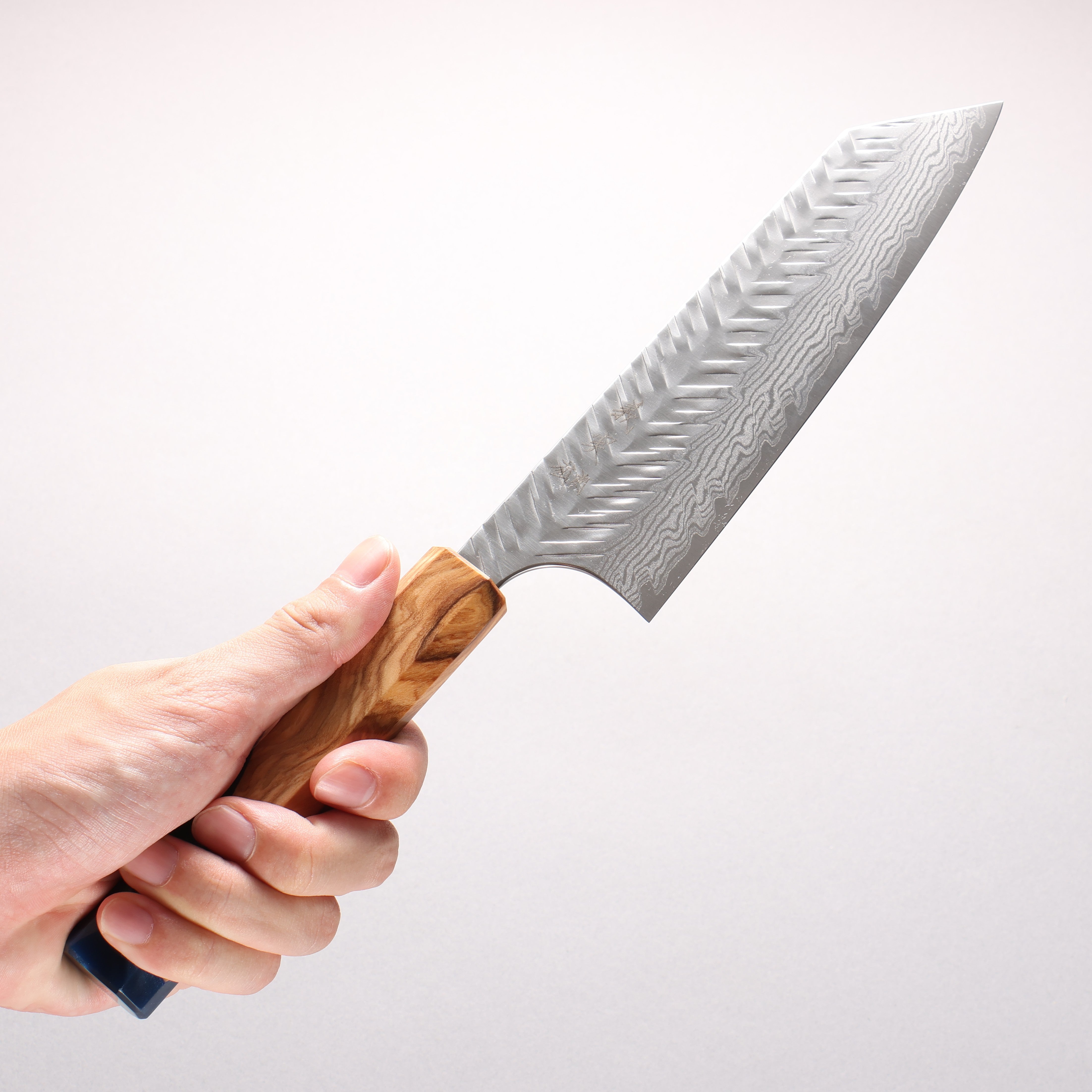Yoshimi Kato VG-XEOS Damascus Hammered (V) Bunka 170mm Olive Tree and Blue Resin Handle - Seisuke Knife