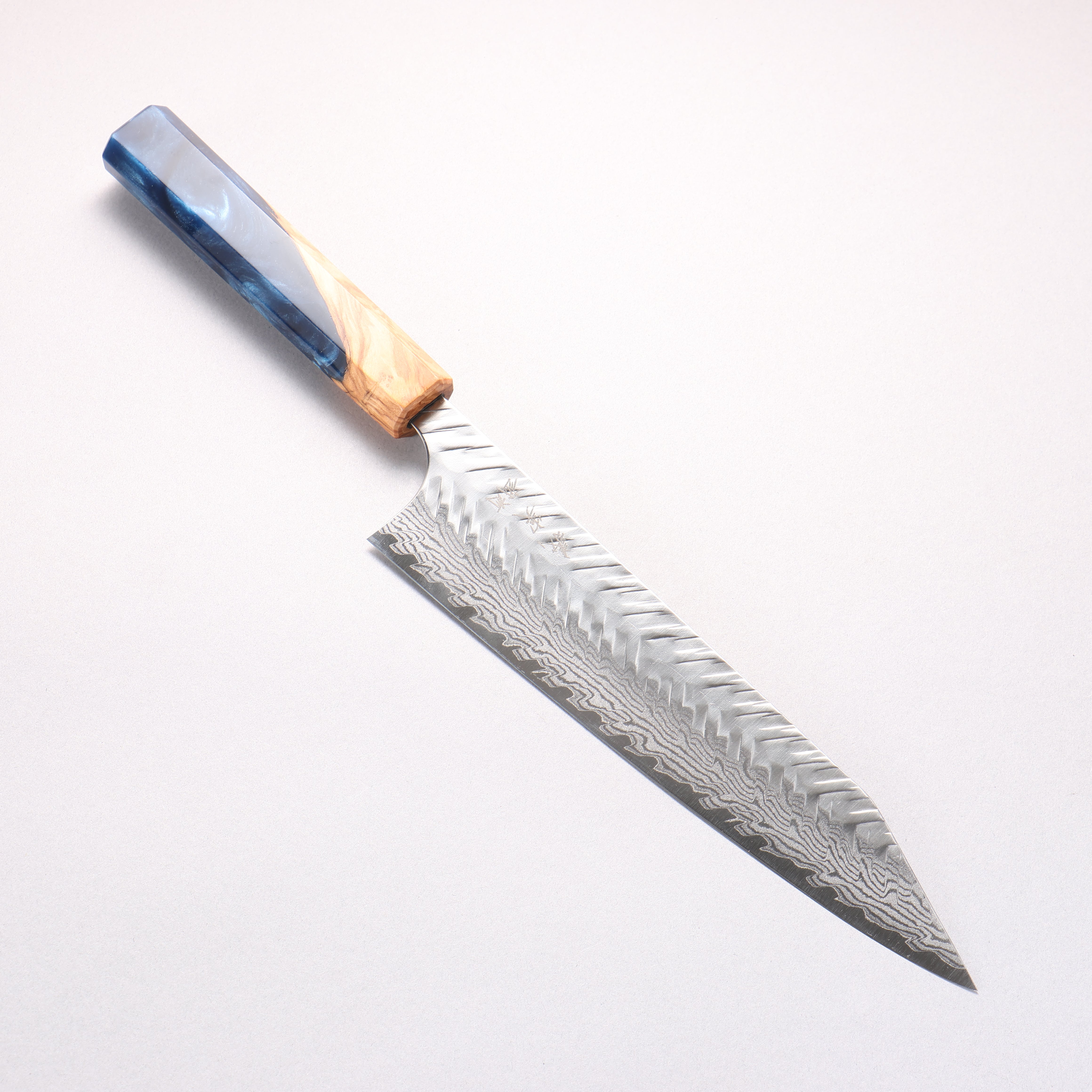 Yoshimi Kato VG-XEOS Damascus Hammered (V) Kiritsuke Gyuto 210mm Olive Tree and Blue Resin Handle