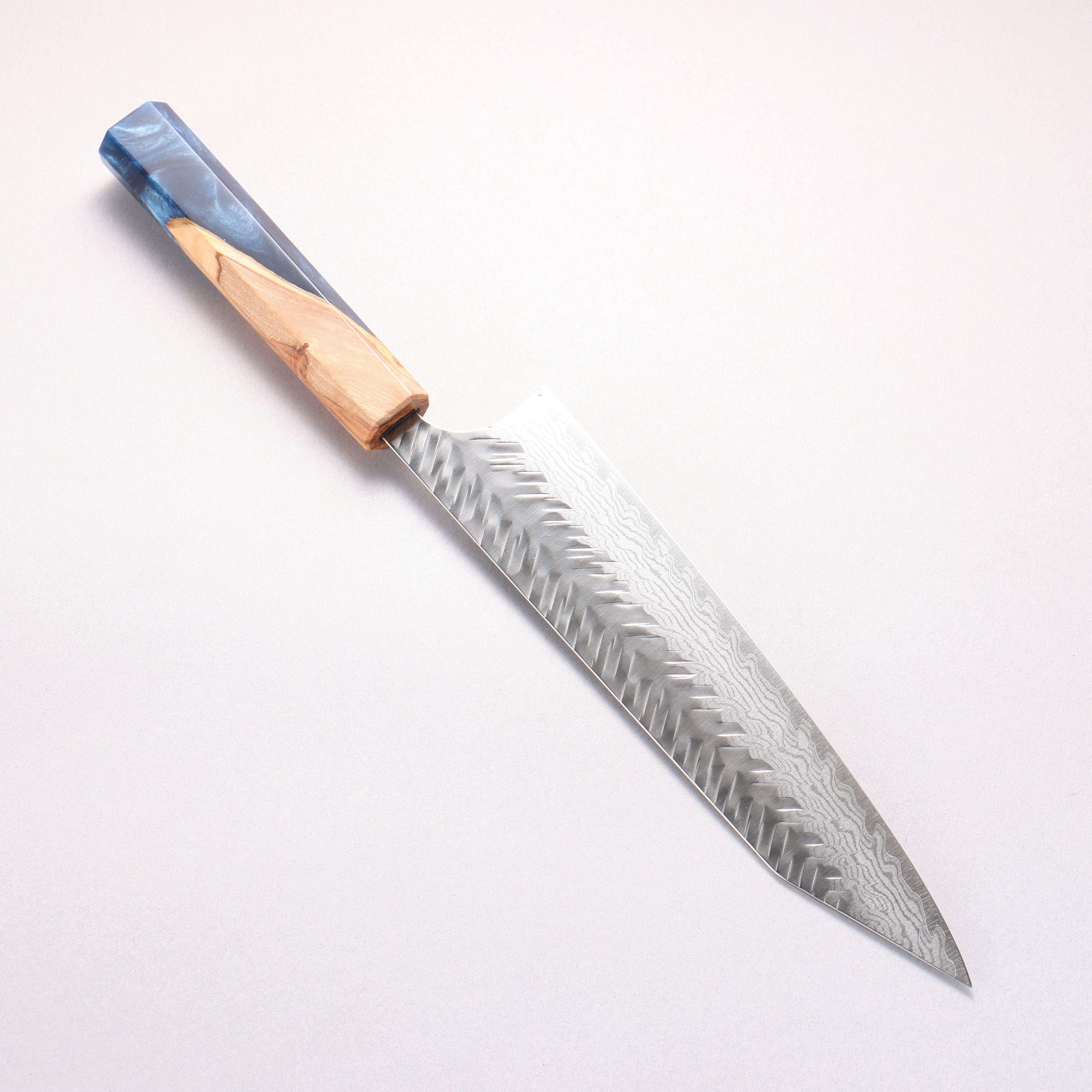 Yoshimi Kato VG-XEOS Damascus Hammered (V) Kiritsuke Gyuto 210mm Olive Tree and Blue Resin Handle