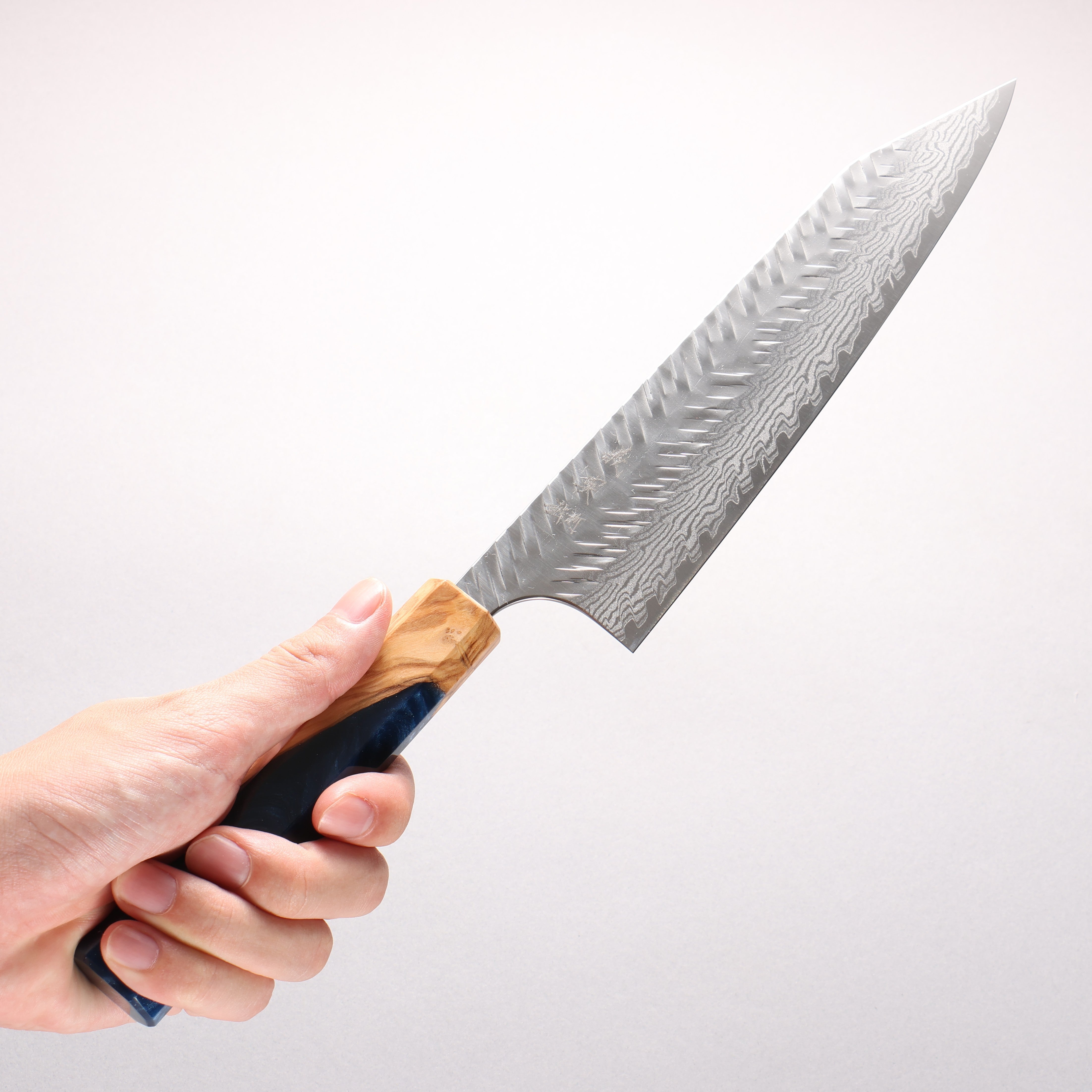 Yoshimi Kato VG-XEOS Damascus Hammered (V) Kiritsuke Gyuto 210mm Olive Tree and Blue Resin Handle