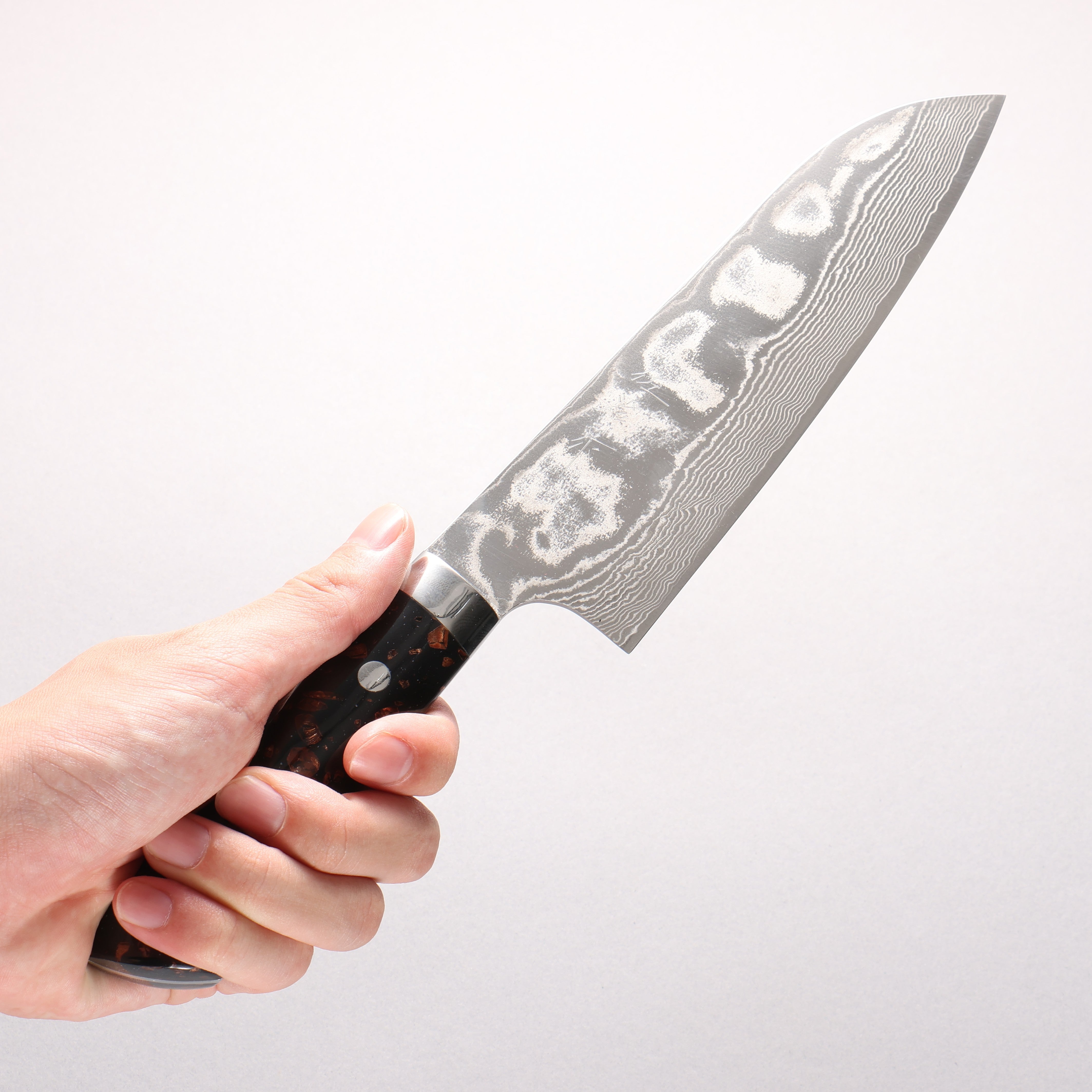 Takeshi Saji SPG STRIX Damascus Santoku 180mm Black/Brown Corian Handle - Seisuke Knife
