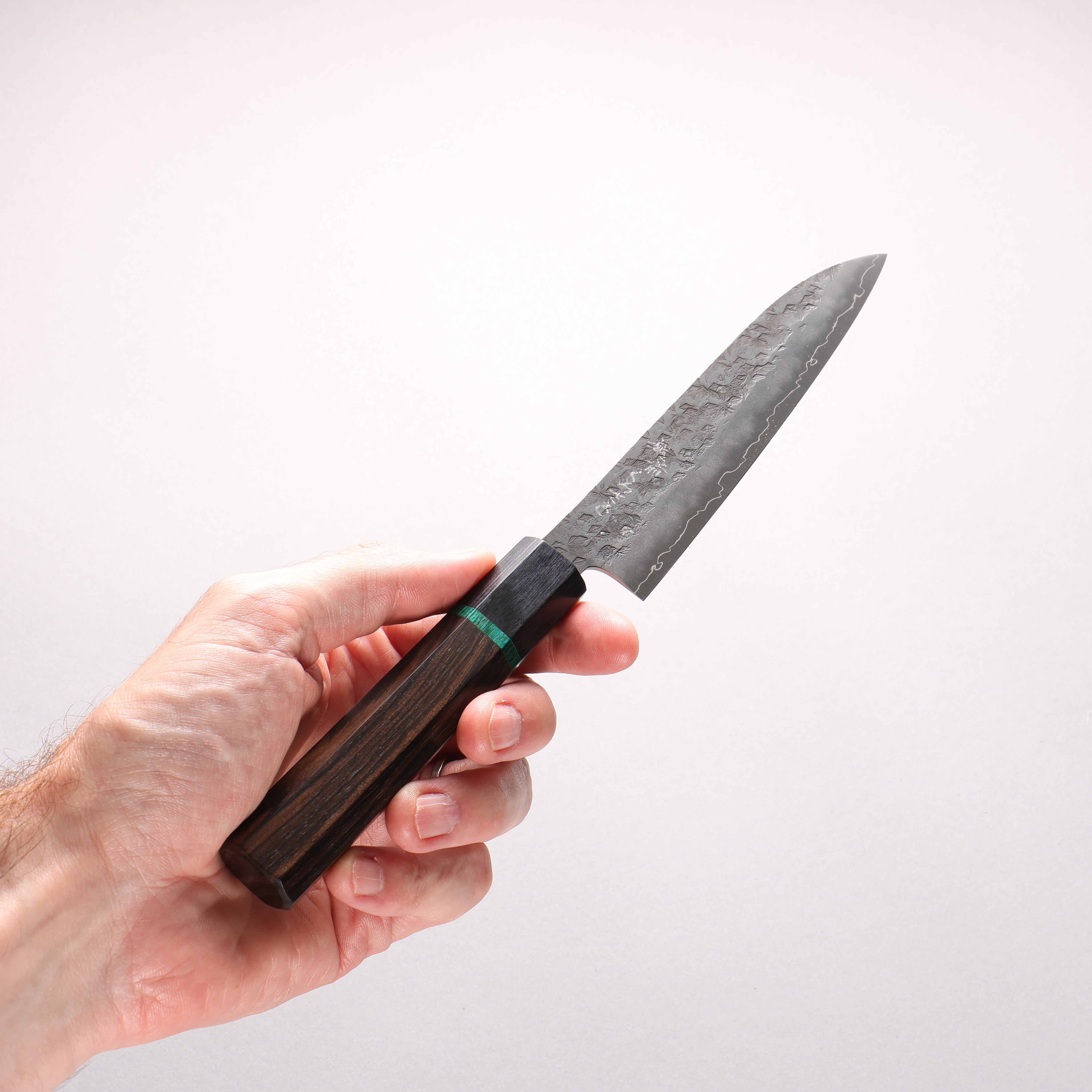 Makoto Kurosaki Wise Wild Owl SPG STRIX Black Finished Hammered Petty-Utility 135mm Ebony Wood (ferrule: Black Pakka Wood And Green Ring) Handle - Seisuke Knife