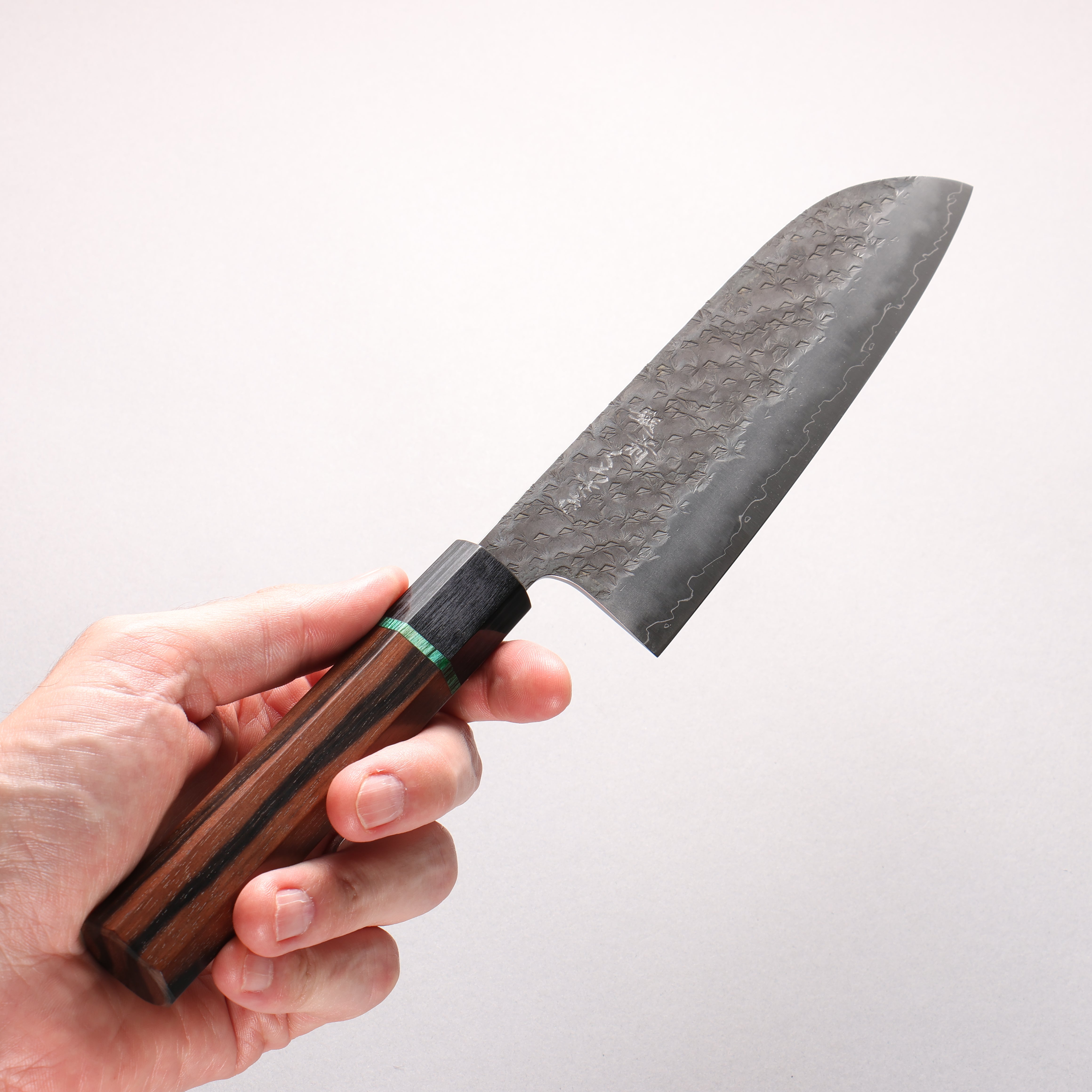 Makoto Kurosaki Wise Wild Owl SPG STRIX Black Finished Hammered Santoku 165mm Ebony Wood (ferrule: Black Pakka Wood And Green Ring) Handle - Seisuke Knife