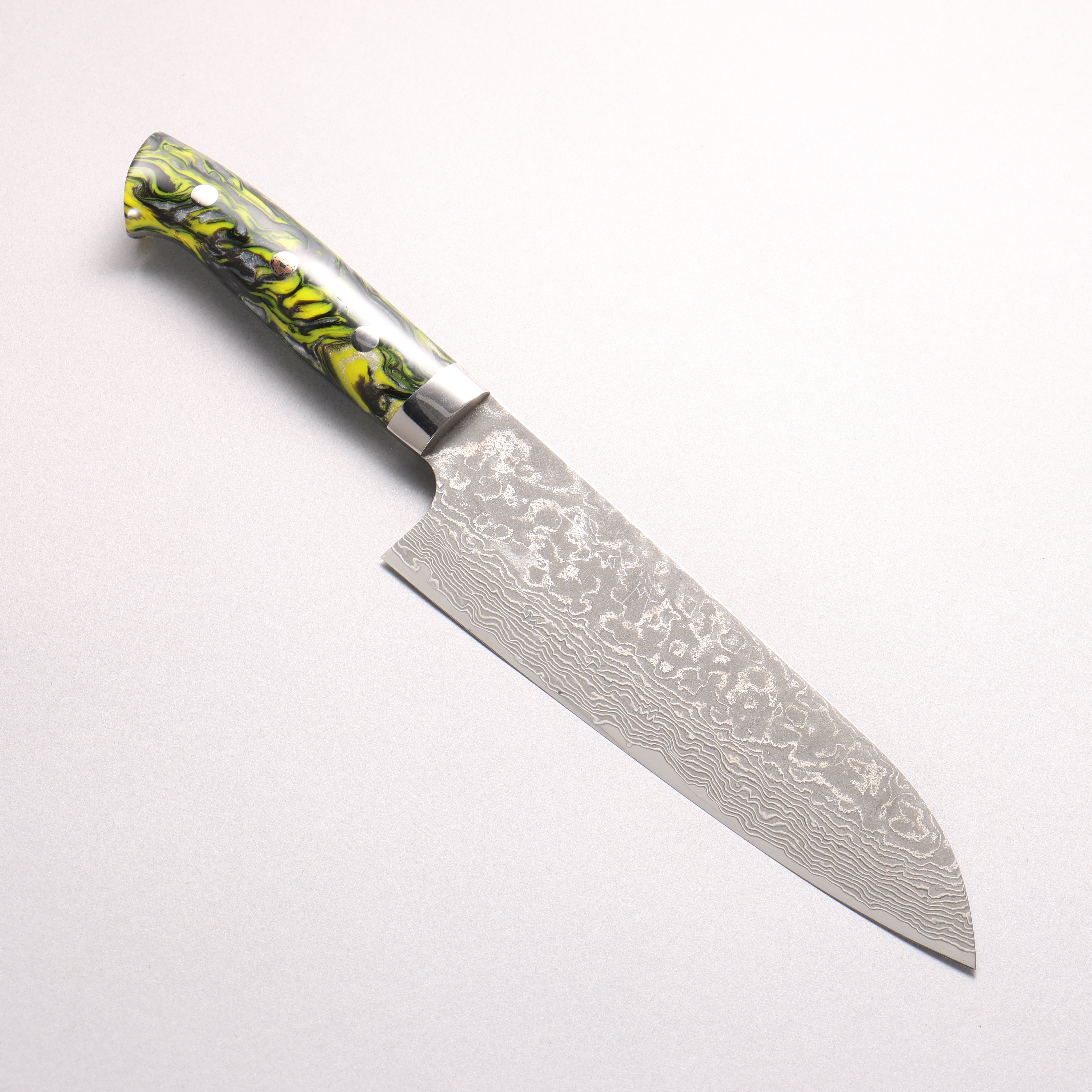 Takeshi Saji SG2 Black Damascus Santoku 180mm Black and Yellow Marbled Acrylic Handle