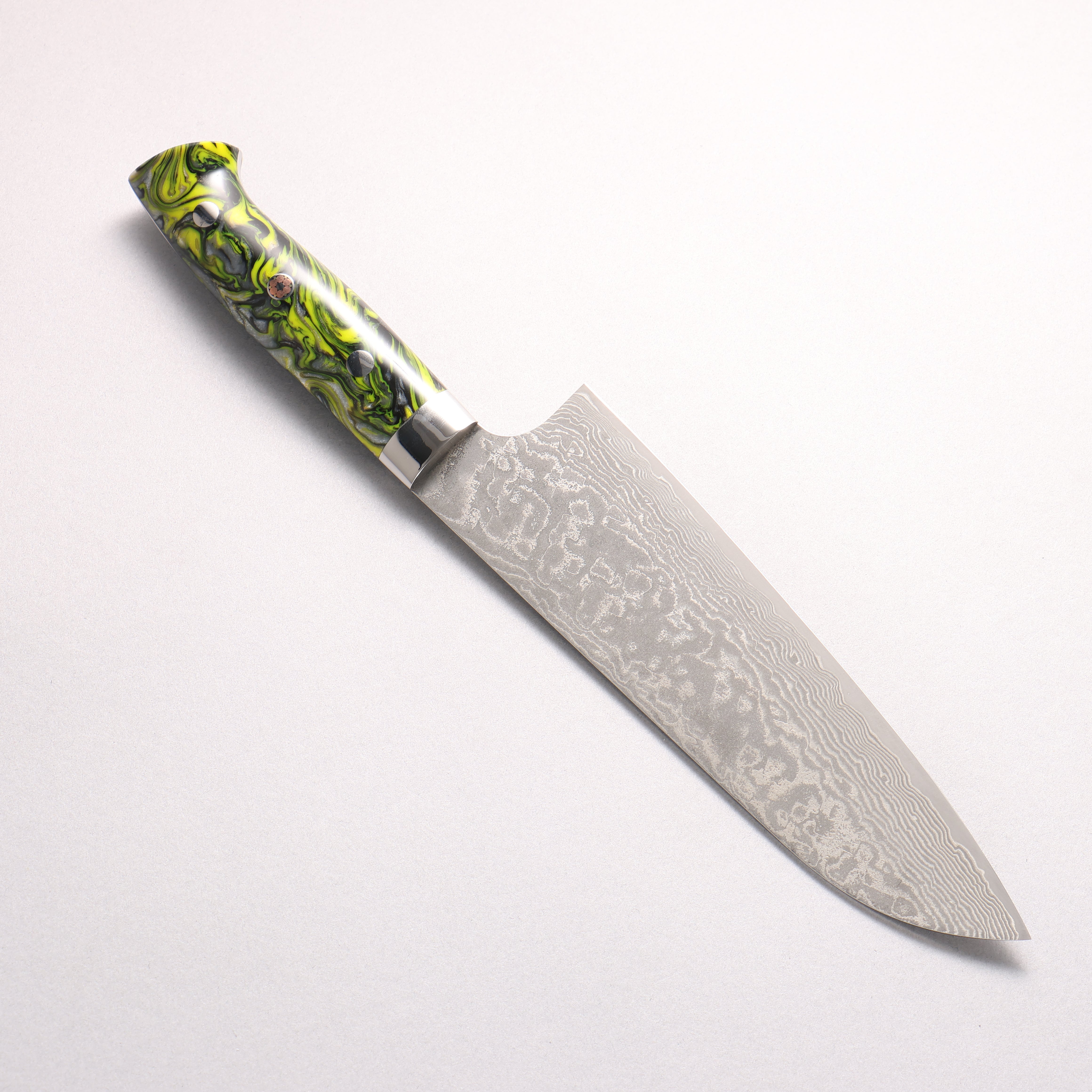Takeshi Saji SG2 Black Damascus Santoku 180mm Black and Yellow Marbled Acrylic Handle