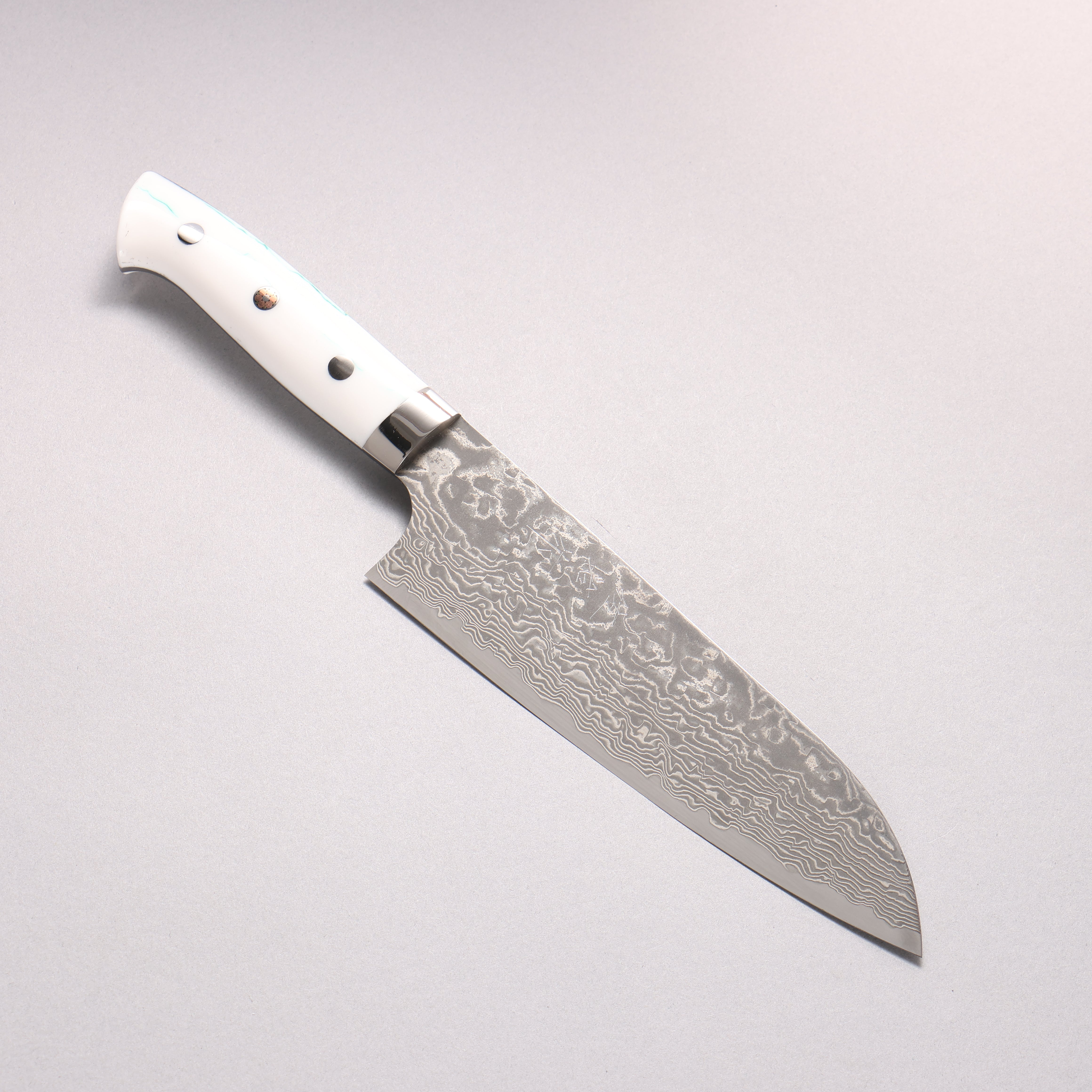 Takeshi Saji SG2 Black Damascus Santoku 180mm White and Indigo Marbled Acrylic Handle