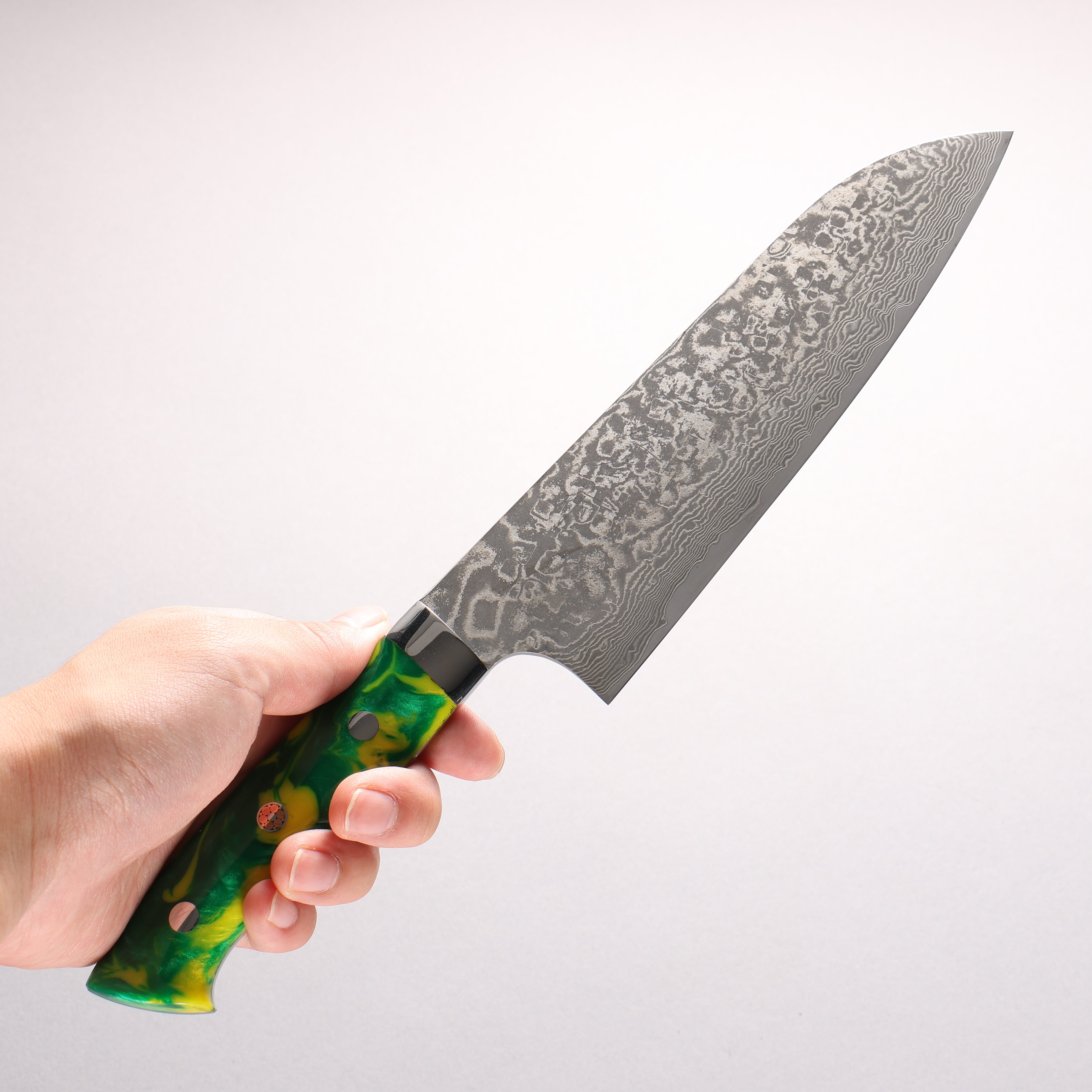 Takeshi Saji SG2 Black Damascus Santoku 180mm Green Yellow Acrylic Handle