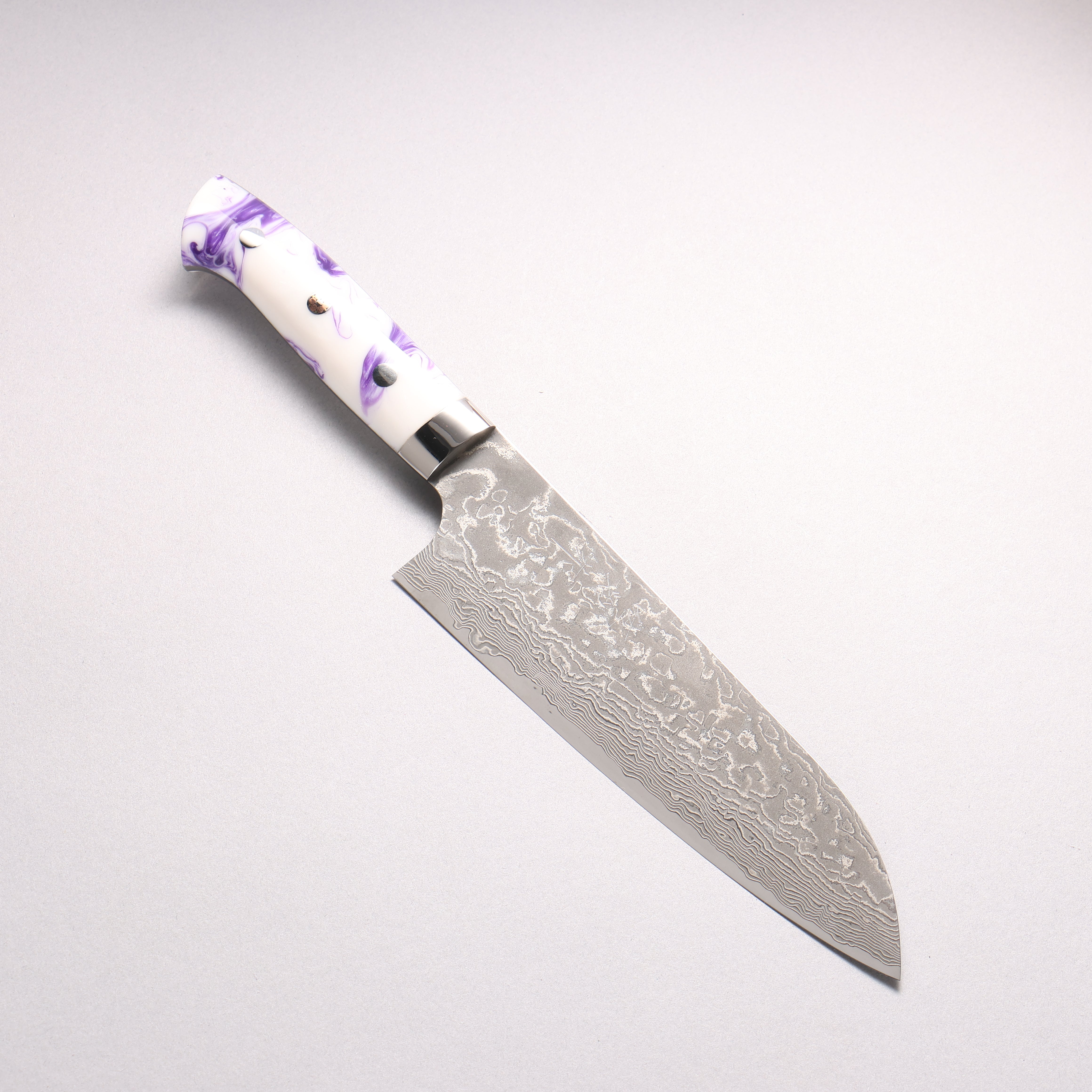 Takeshi Saji SG2 Black Damascus Santoku 180mm Purple and White Marble Acrylic Handle