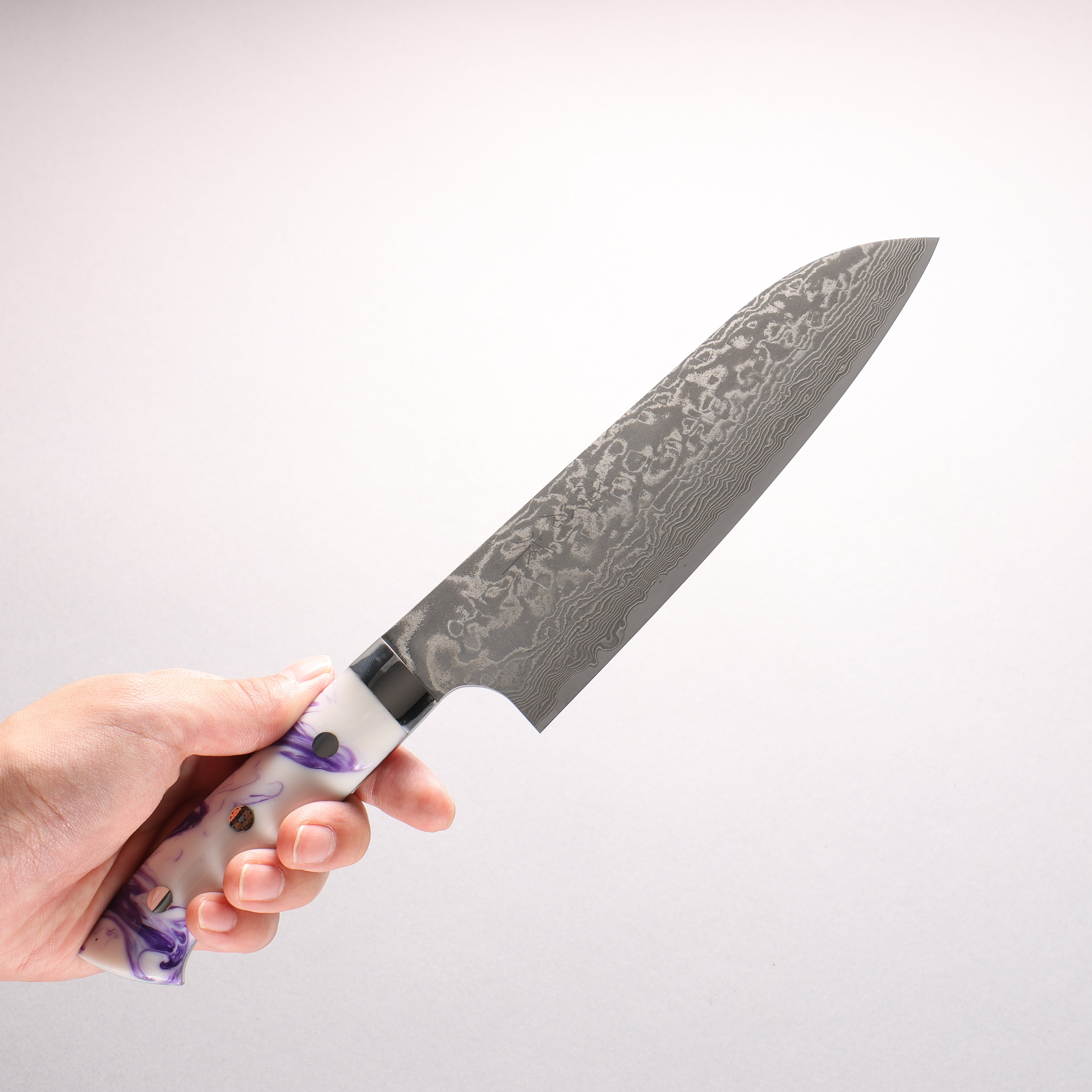 Takeshi Saji SG2 Black Damascus Santoku 180mm Purple and White Marble Acrylic Handle