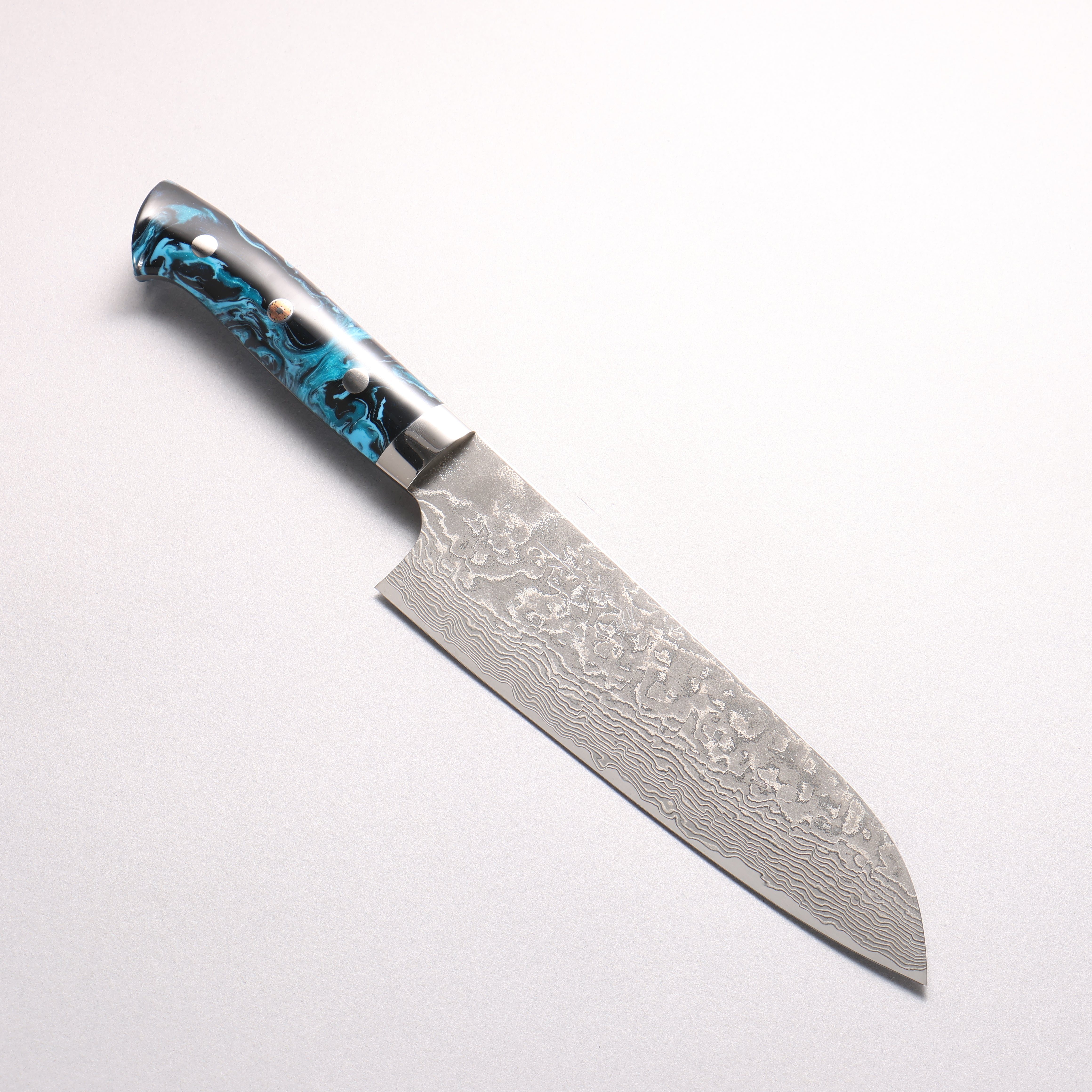 Takeshi Saji SG2 Black Damascus Santoku 180mm Black and Blue Marbled Acrylic Handle