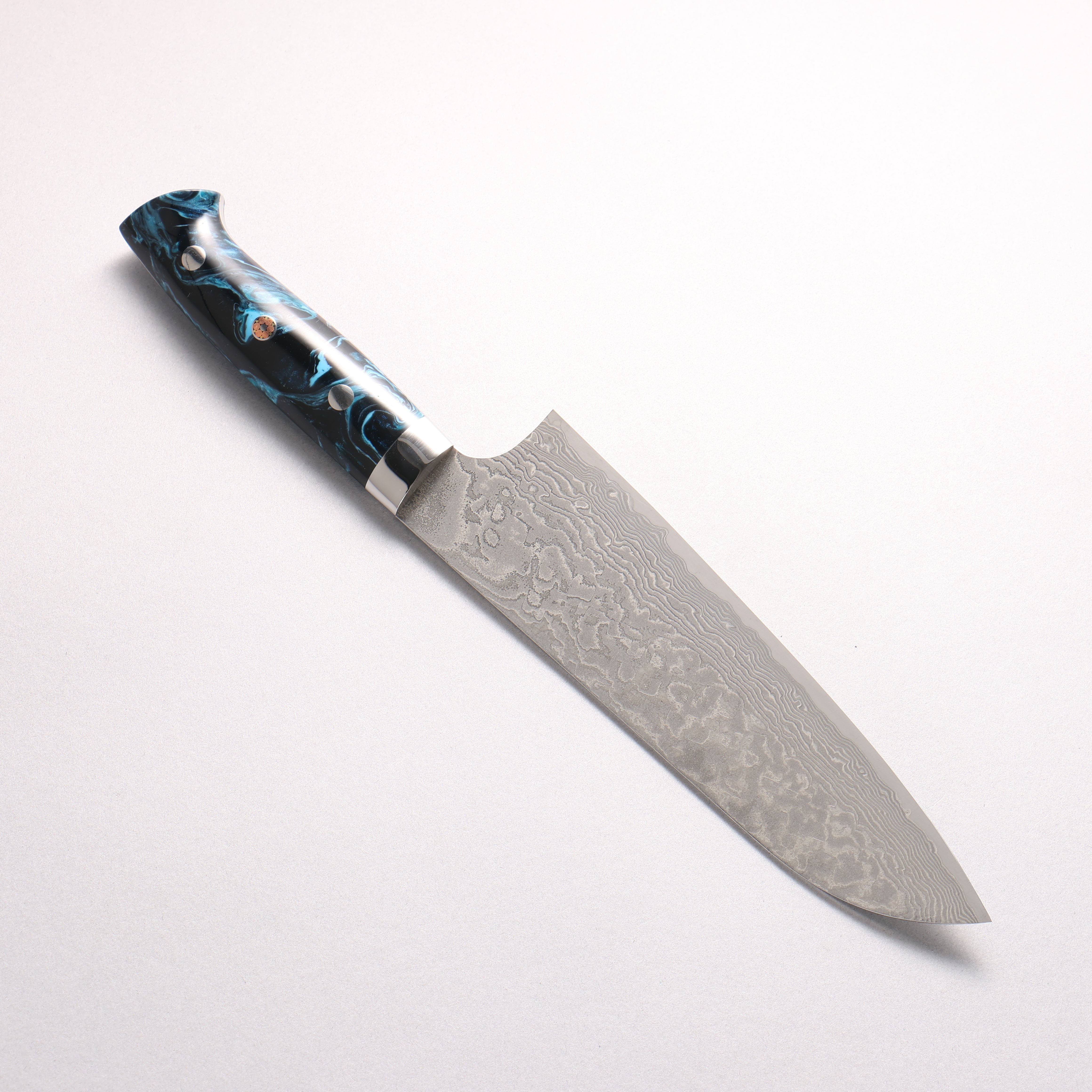 Takeshi Saji SG2 Black Damascus Santoku 180mm Black and Blue Marbled Acrylic Handle
