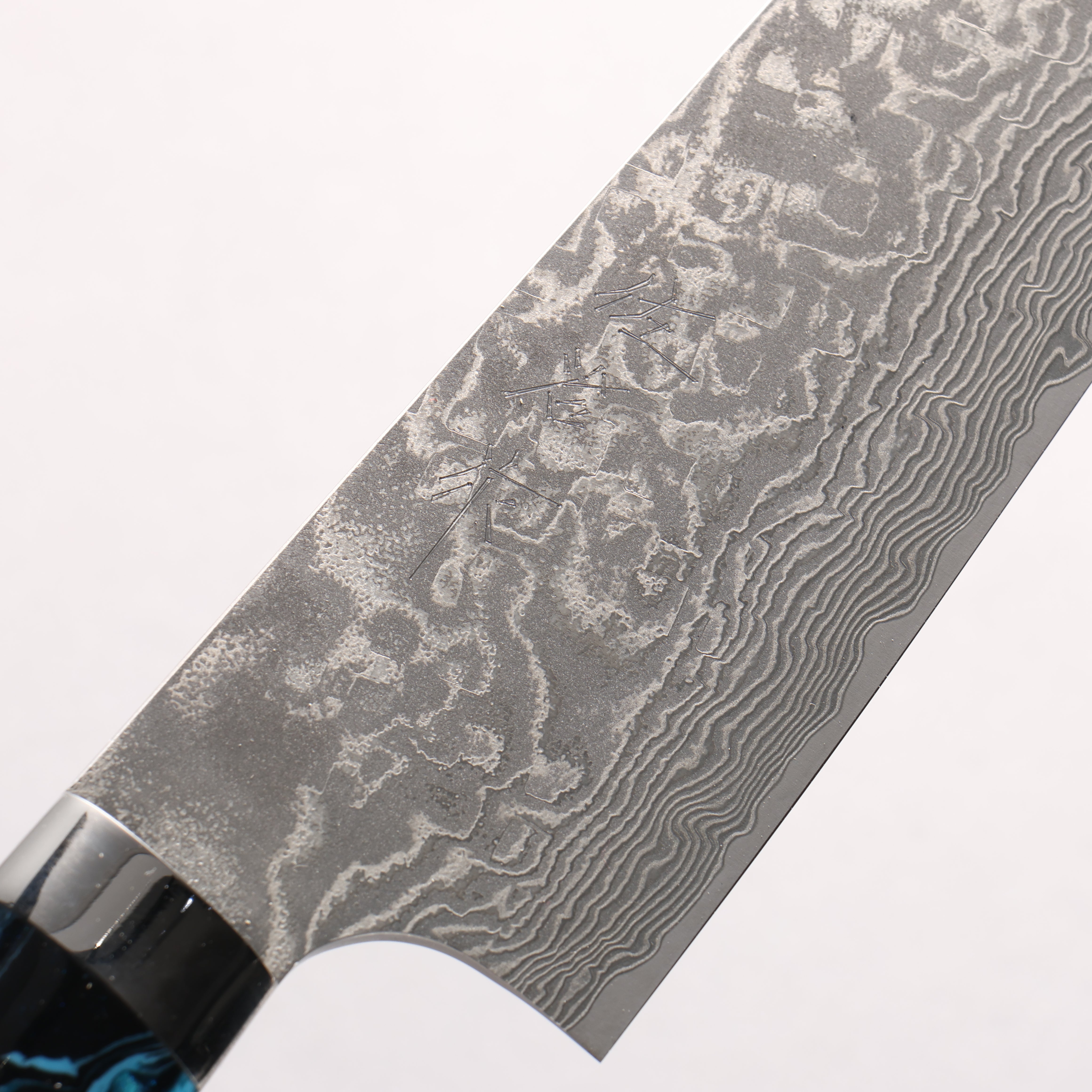 Takeshi Saji SG2 Black Damascus Santoku 180mm Black and Blue Marbled Acrylic Handle