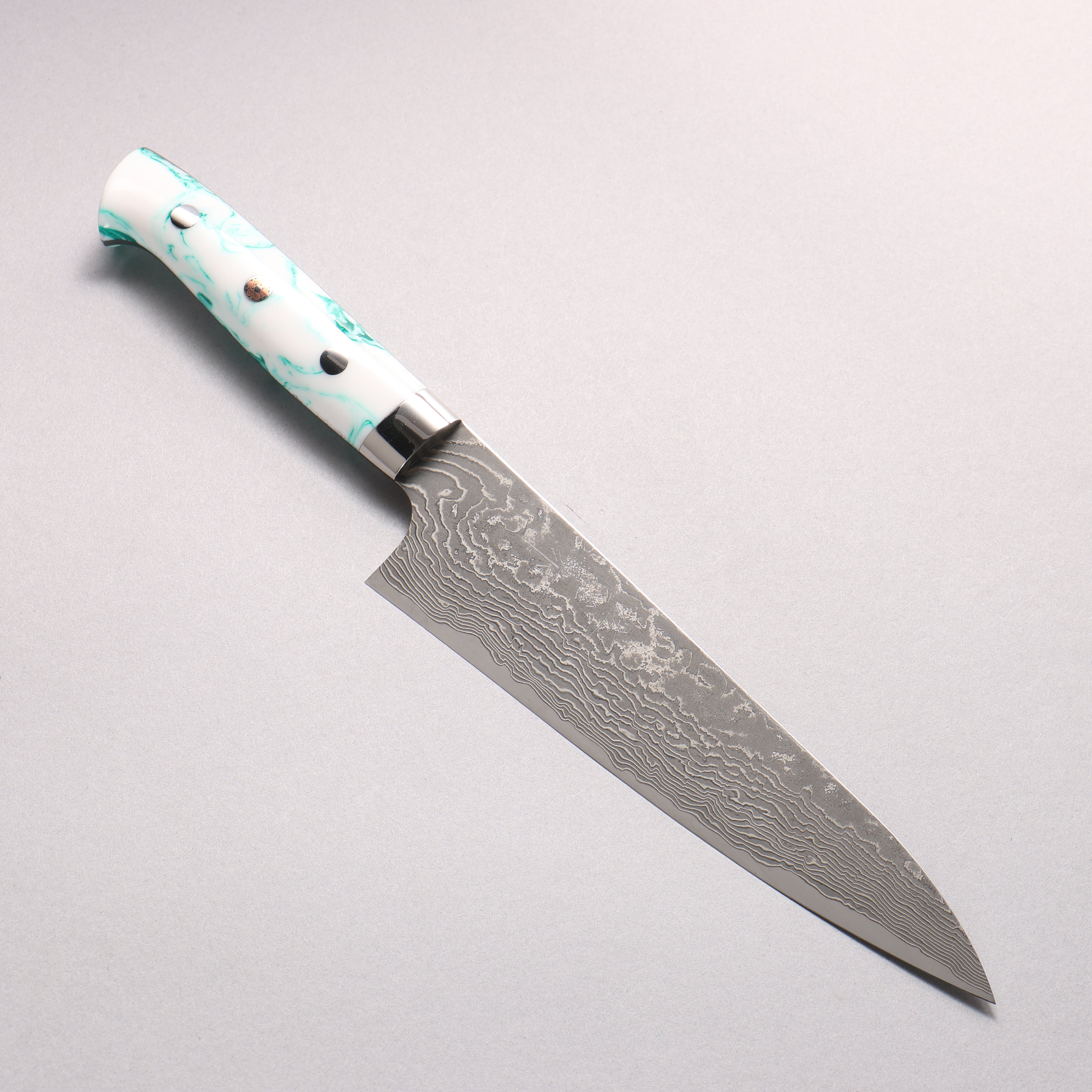 Takeshi Saji SG2 Black Damascus Gyuto 180mm White and Indigo Marbled Acrylic Handle