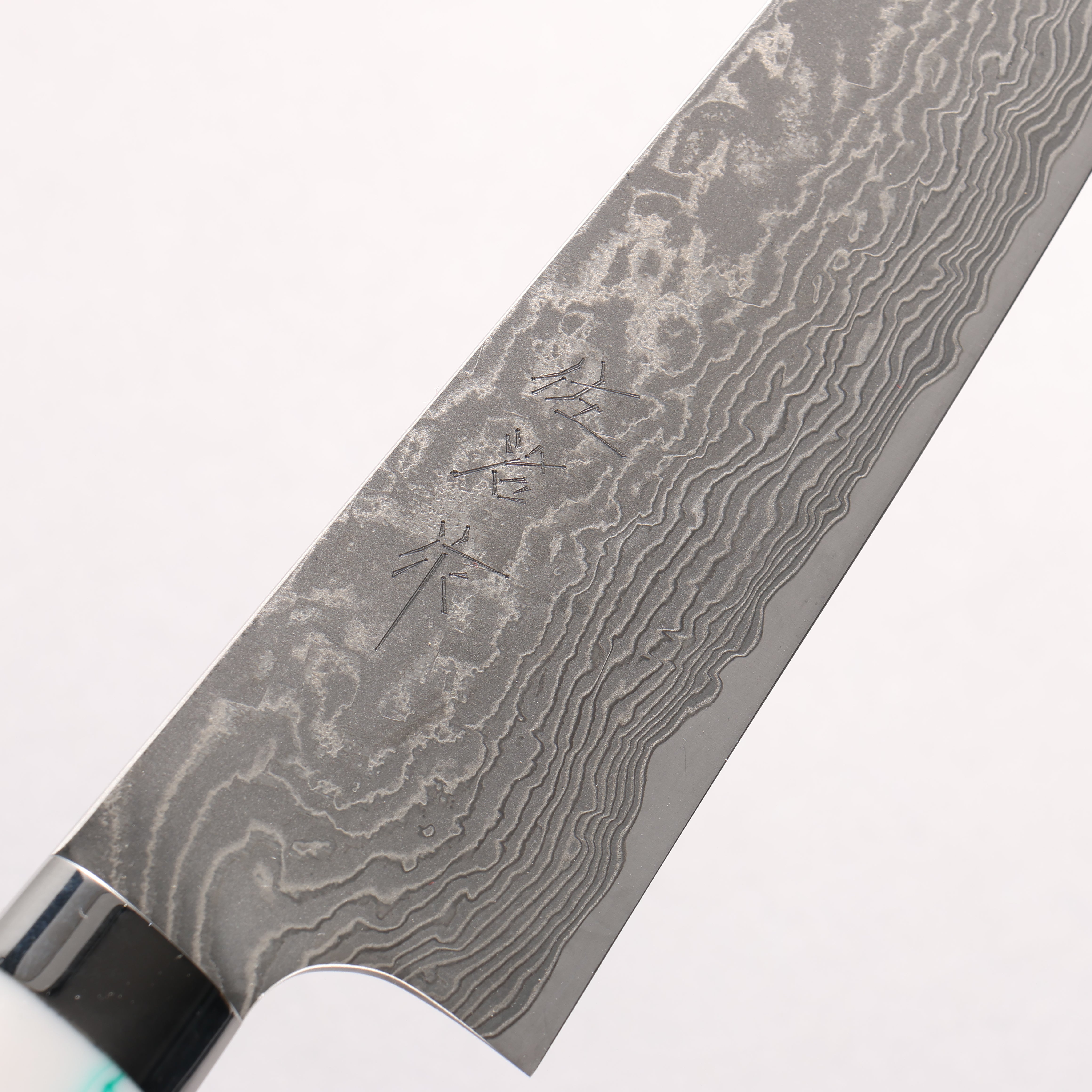 Takeshi Saji SG2 Black Damascus Gyuto 180mm White and Indigo Marbled Acrylic Handle