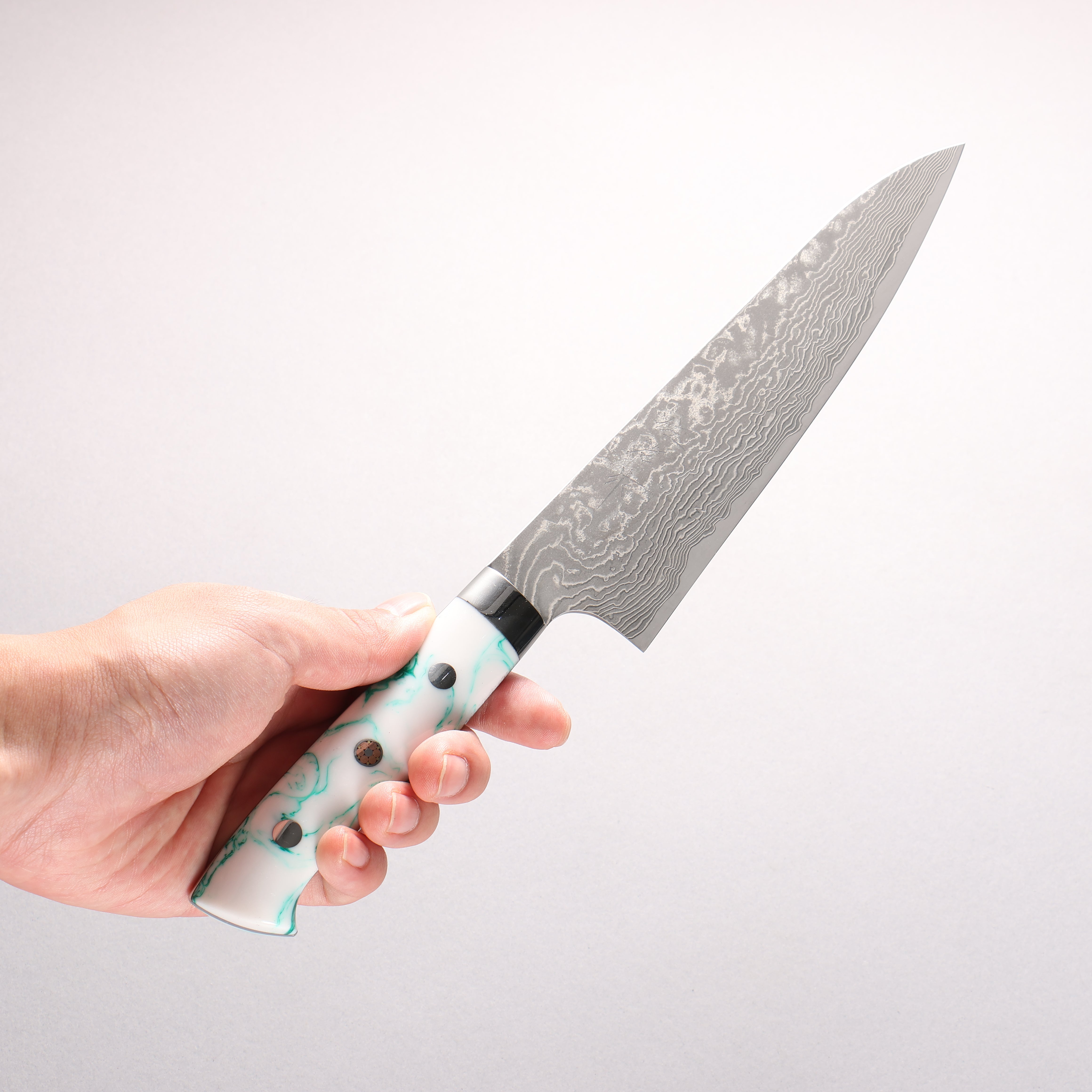 Takeshi Saji SG2 Black Damascus Gyuto 180mm White and Indigo Marbled Acrylic Handle