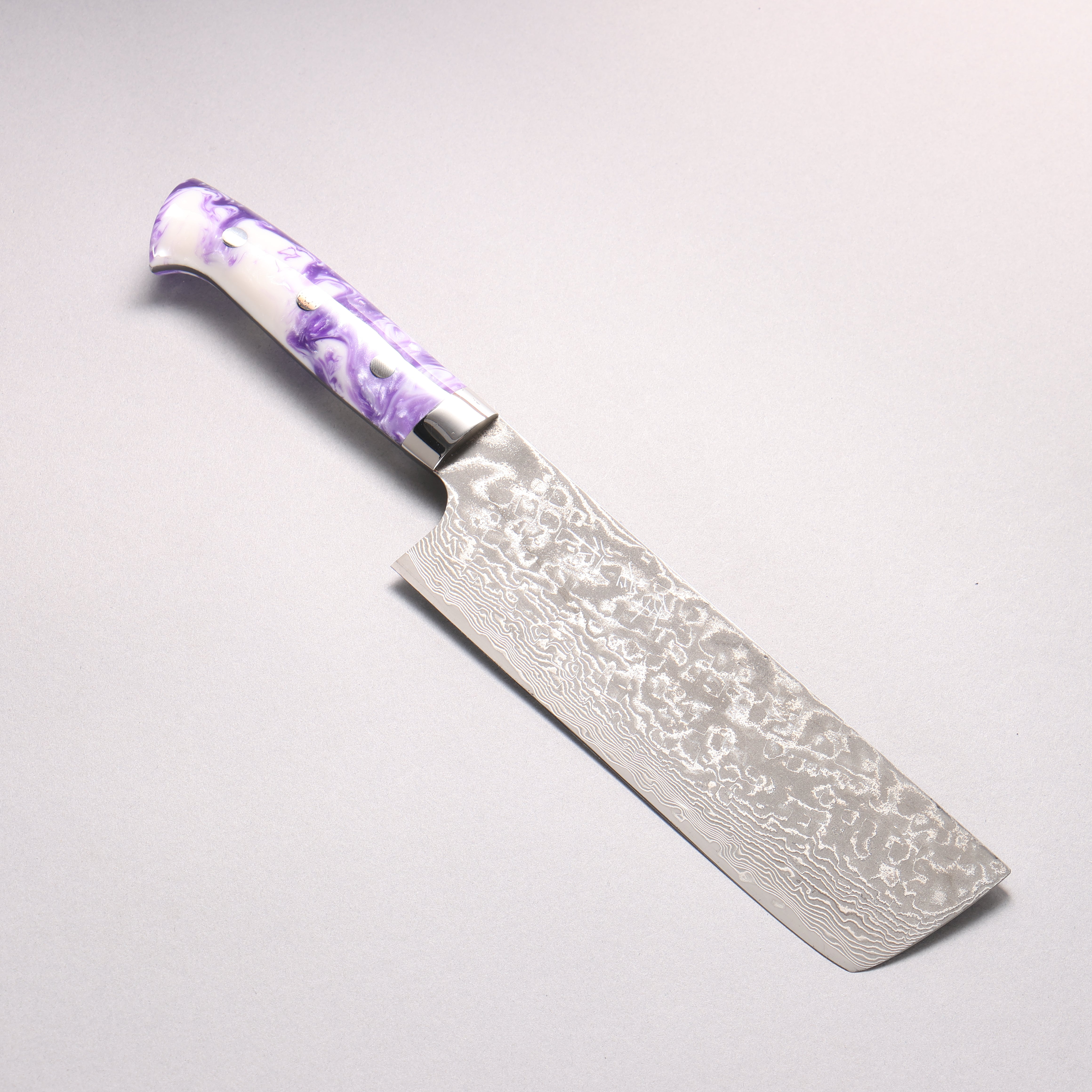 Takeshi Saji SG2 Black Damascus Nakiri 165mm Purple and White Marble Acrylic Handle