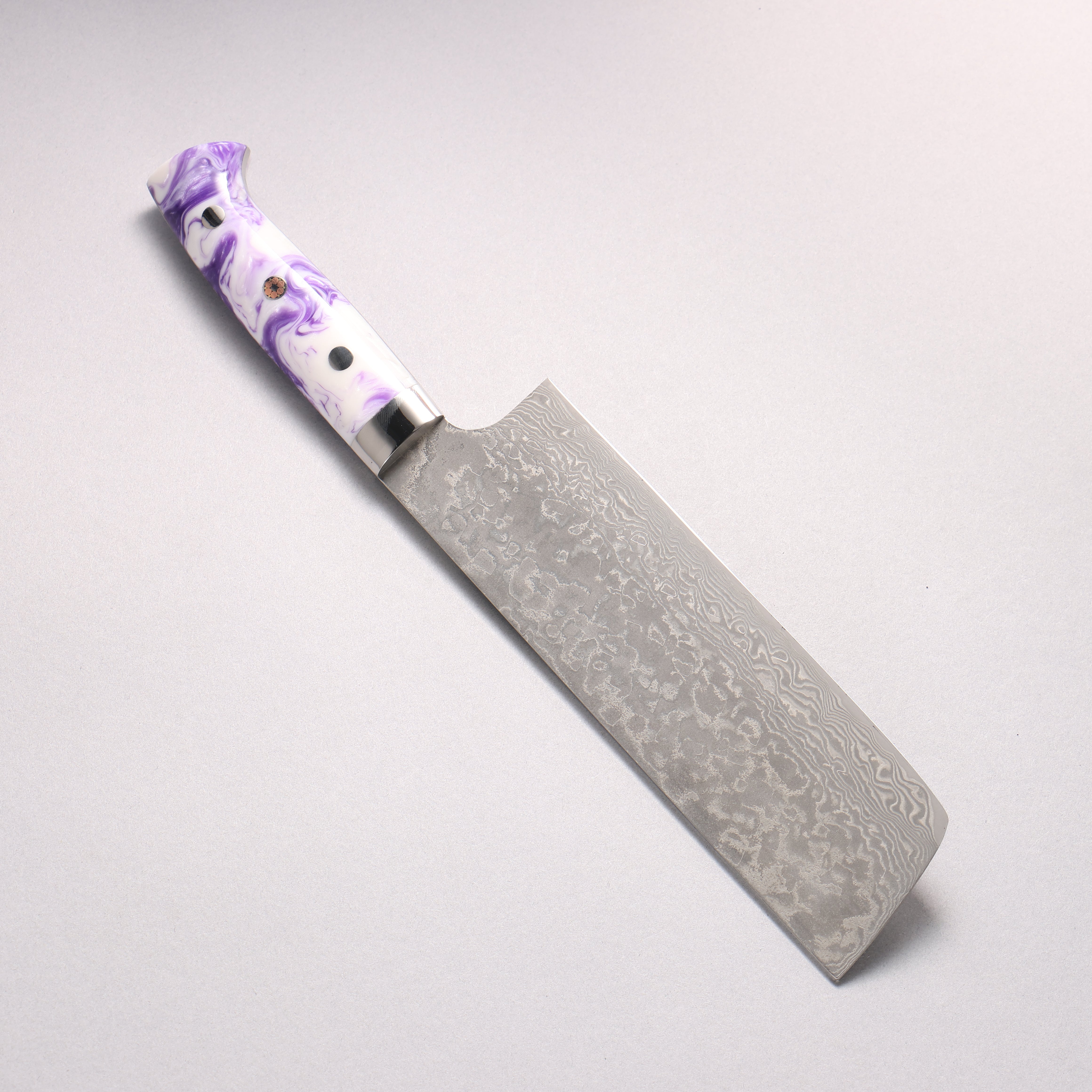 Takeshi Saji SG2 Black Damascus Nakiri 165mm Purple and White Marble Acrylic Handle