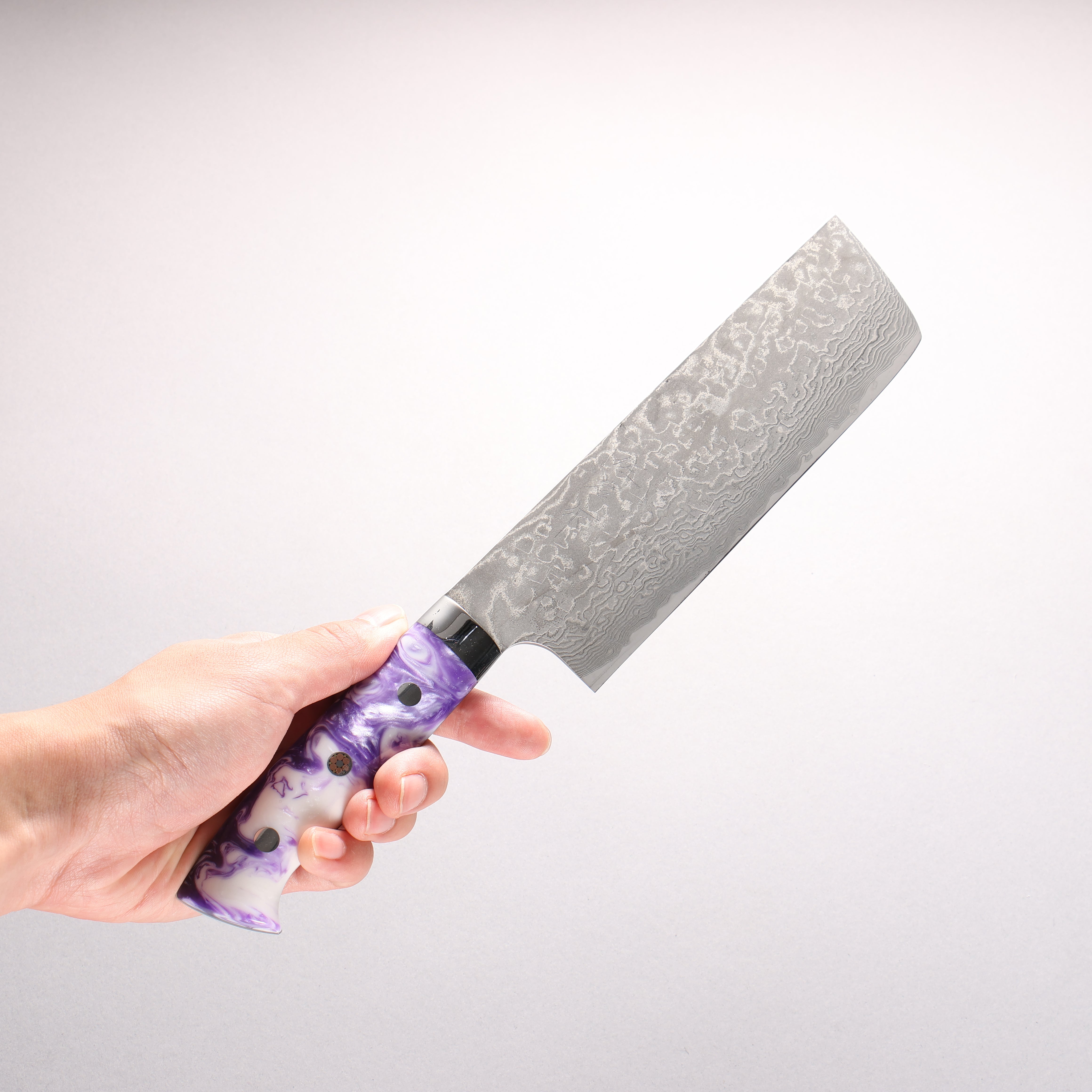 Takeshi Saji SG2 Black Damascus Nakiri 165mm Purple and White Marble Acrylic Handle