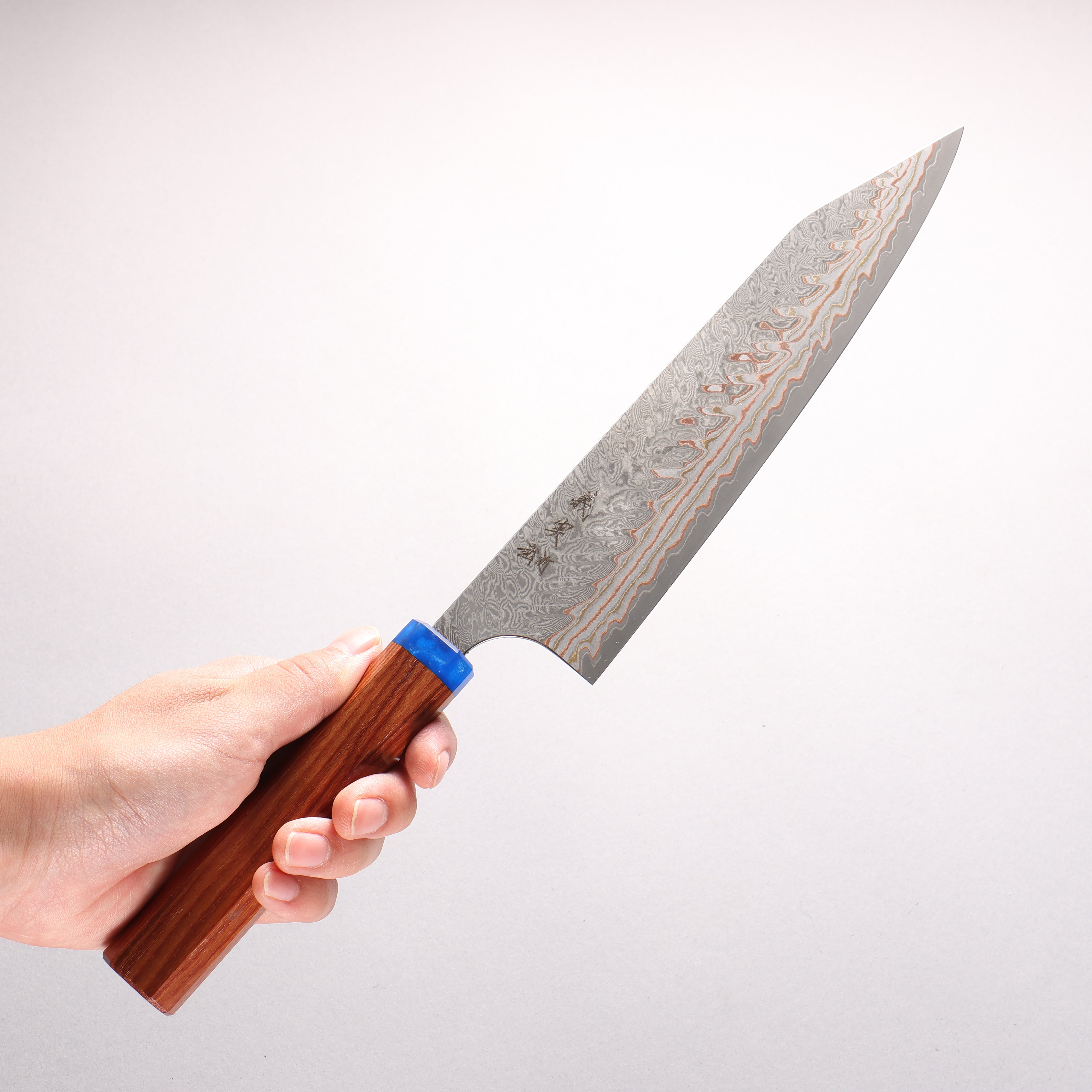 Yoshimi Kato VG10w Colored Damascus Kiritsuke Gyuto 210mm Pao Rosa (Ferrule: Blue Marble Acrylic) Handle