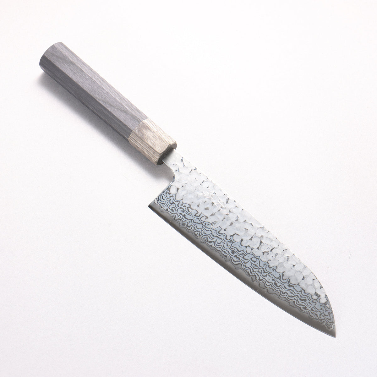 Oul Silver Steel No.3 Hammered Damascus Moon White Santoku 165mm Black Pakka wood Handle