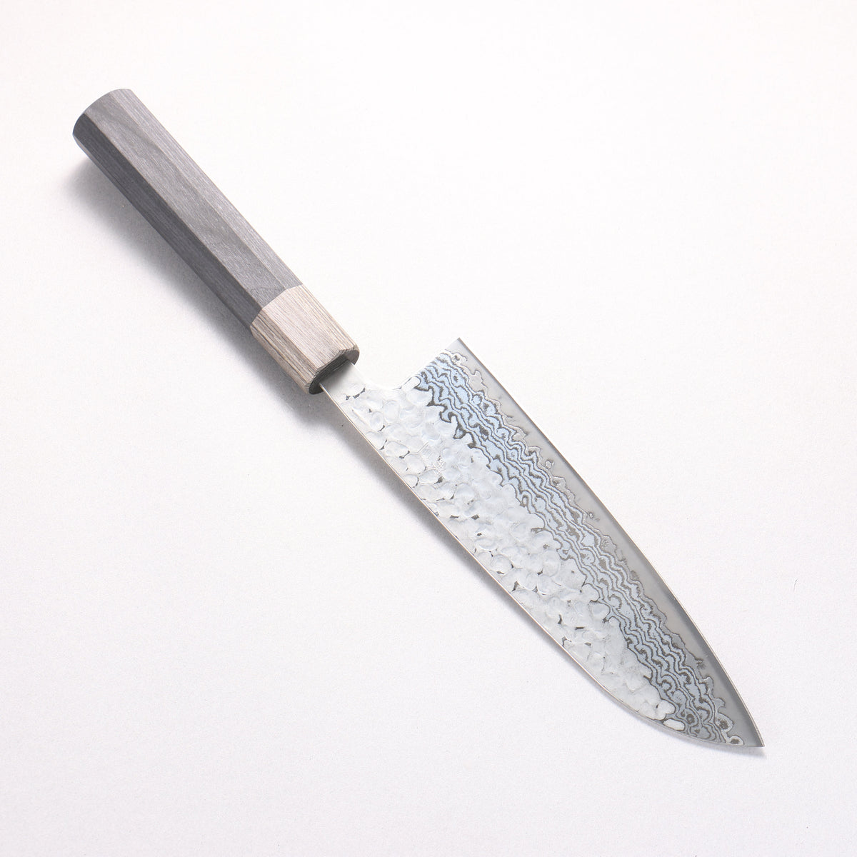 Oul Silver Steel No.3 Hammered Damascus Moon White Santoku 165mm Black Pakka wood Handle