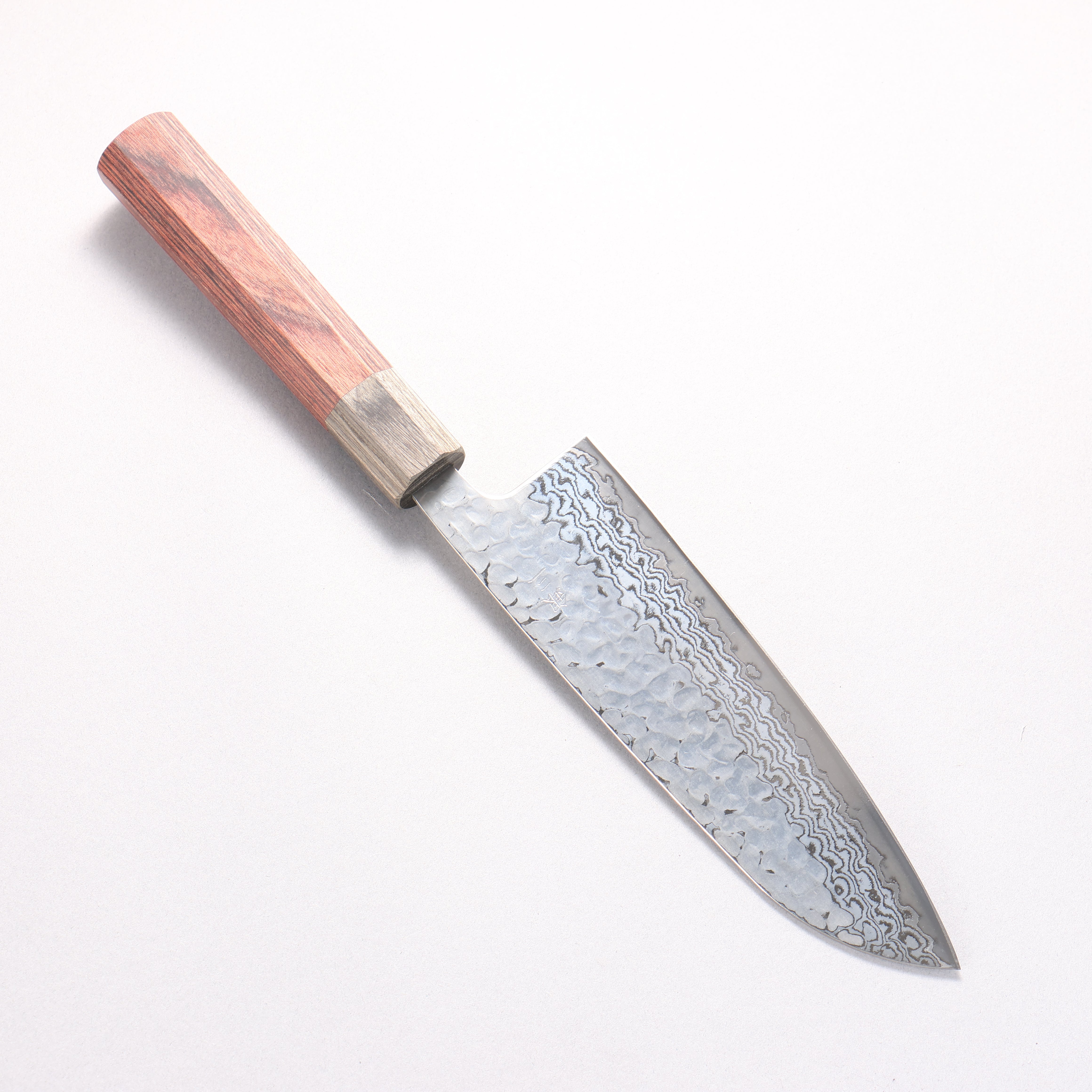 Oul Silver Steel No.3 Hammered Damascus Moon White Santoku 165mm Mahogany Pakka wood Handle