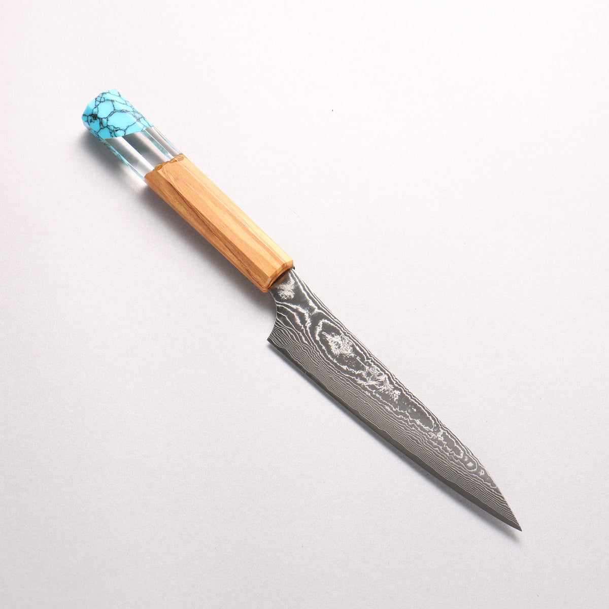 Yu Kurosaki Suiun SG2 Damascus Petty-Utility 130mm Olive Tree Clear Resin And Turquoise Handle
