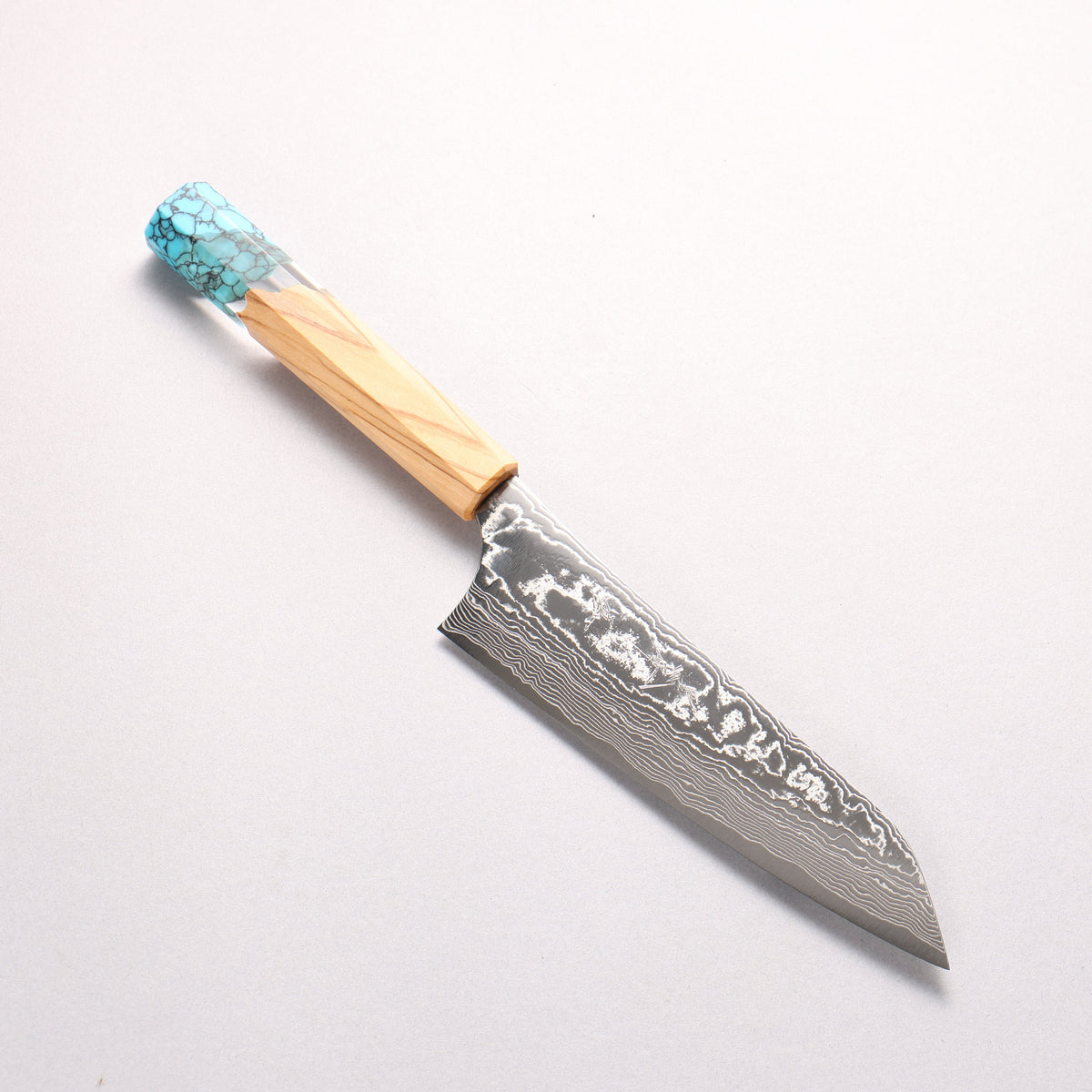 Yu Kurosaki Suiun SG2 Damascus Small Bunka 150mm Olive Tree Clear Resin And Turquoise Handle