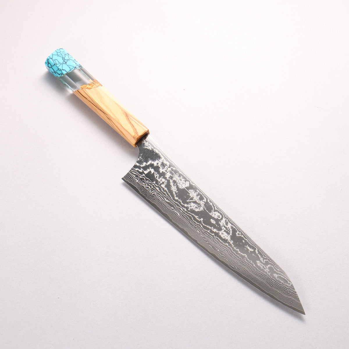 Yu Kurosaki Suiun SG2 Damascus Gyuto 210mm Olive Tree Clear Resin And Turquoise Handle