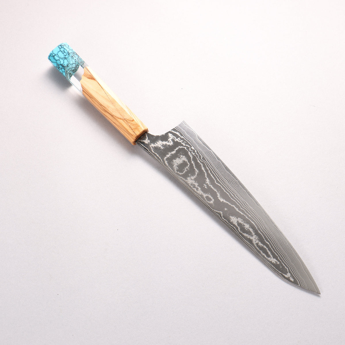 Yu Kurosaki Suiun SG2 Damascus Gyuto 210mm Olive Tree Clear Resin And Turquoise Handle