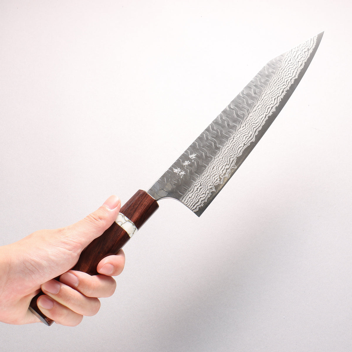 Yoshimi Kato Nami VG-XEOS Hammered Damascus Kiritsuke Gyuto 240mm Rosewood (White Turquoise Ring) Handle