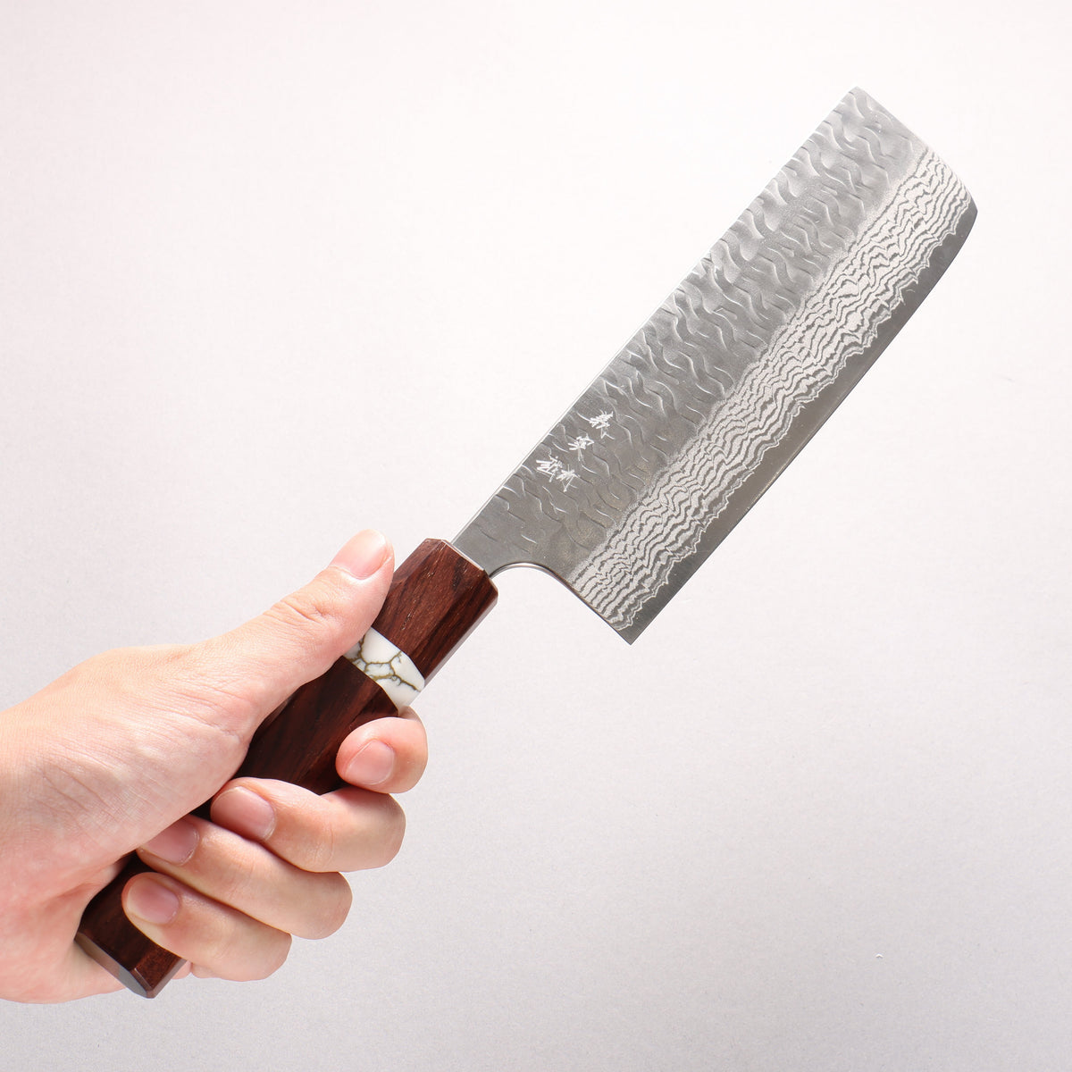 Yoshimi Kato Nami VG-XEOS Hammered Damascus Nakiri 165mm Rosewood (White Turquoise Ring) Handle