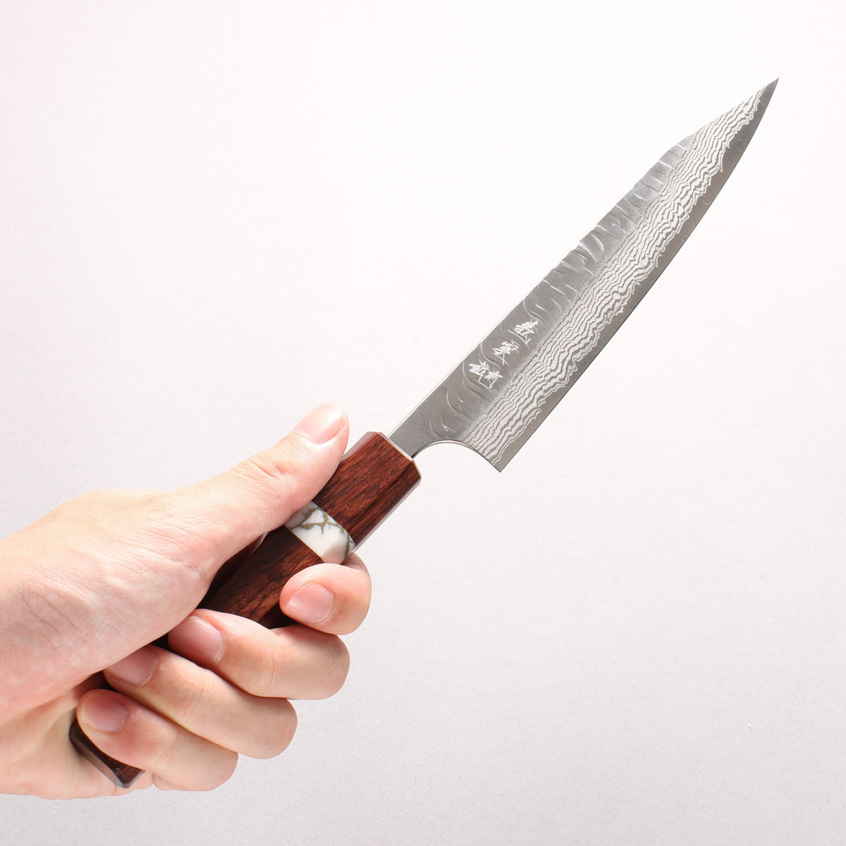 Yoshimi Kato Nami VG-XEOS Hammered Damascus Kiritsuke Petty-Utility 150mm Rosewood (White Turquoise Ring) Handle