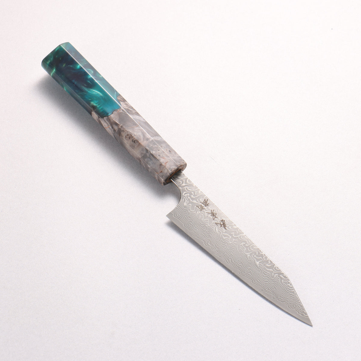 Yoshimi Kato SG2 Black Damascus Kiritsuke Petty-Utility 120mm Stabilized Birch with Emerald Green Resin Handle