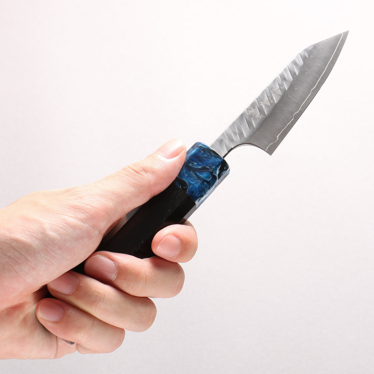 Yoshimi Kato SPG STRIX Hammered (V) Kiritsuke Paring 80mm Ebony (ferrule: Blue Marble Resin) Handle