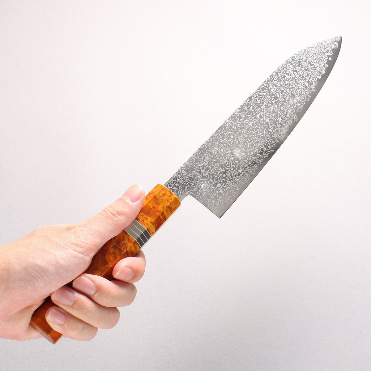 Kanjyo SG2 Damascus Migaki Finished Santoku 180mm Brown Stabilized Wood (Silver Rings) Handle - Seisuke Knife
