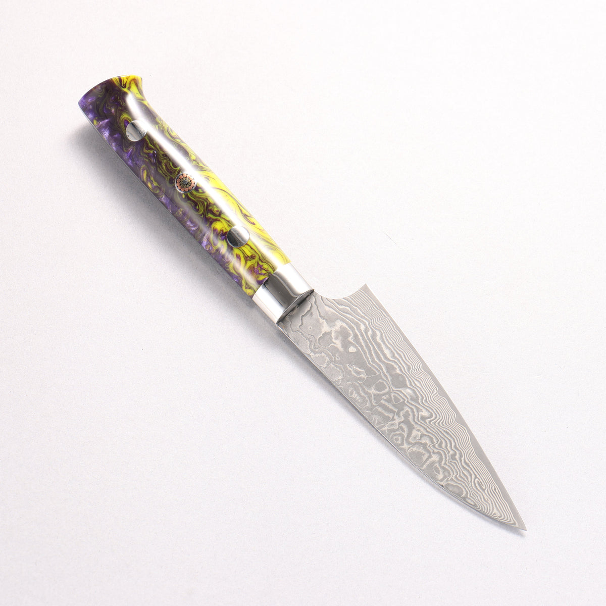 Takeshi Saji SG2 Black Damascus Petty-Utility 90mm Black and Yellow Marbled Acrylic Handle